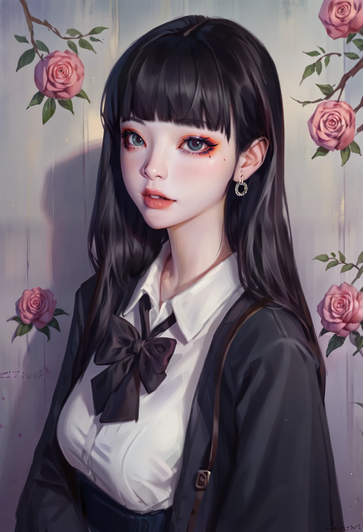 smudgy, traditional art, liu2, brush texture, score_9, score_8_up, score_7_up, score_6_up, score_5_up, score_4_up, BREAK 1girl, intricate, school outfit , (eyeliner:1.2), looking at viewer, black hair, long hair, hime-cut, pale skin, jewelry, detailed background, breasts (masterpiece, high quality:1),
