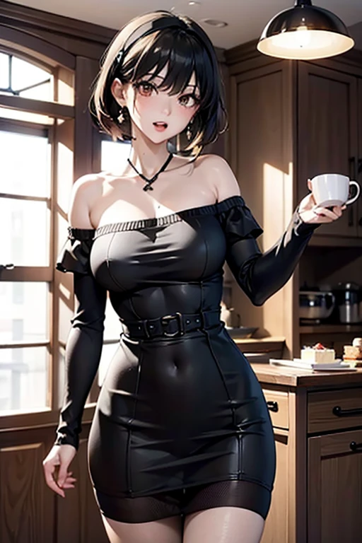 masterpiece, yor, 1girl, Amazing Cleavage:1.3, thin waist, big ass, Raised sexy, medium breast: 1.8 posed cleavage:1.2、solo, looking at viewer, open mouth, have a cup of coffee,black hair, red eyes, dress, bare shoulders, jewelry, collarbone, sidelocks, hairband, earrings, indoors, off shoulder, :o, sweater, arms behind back, plant, short hair with long locks, white hairband, off-shoulder dress, sweater dress, off-shoulder sweater, red sweater, big side hair, very long side hair,is rendered in (masterpiece: 1.2, best quality), with (ultra high resolution) and an exquisite (depth of field). This masterpiece is not only visually stunning but also tells, make of cake cooking ,in the kitchen 