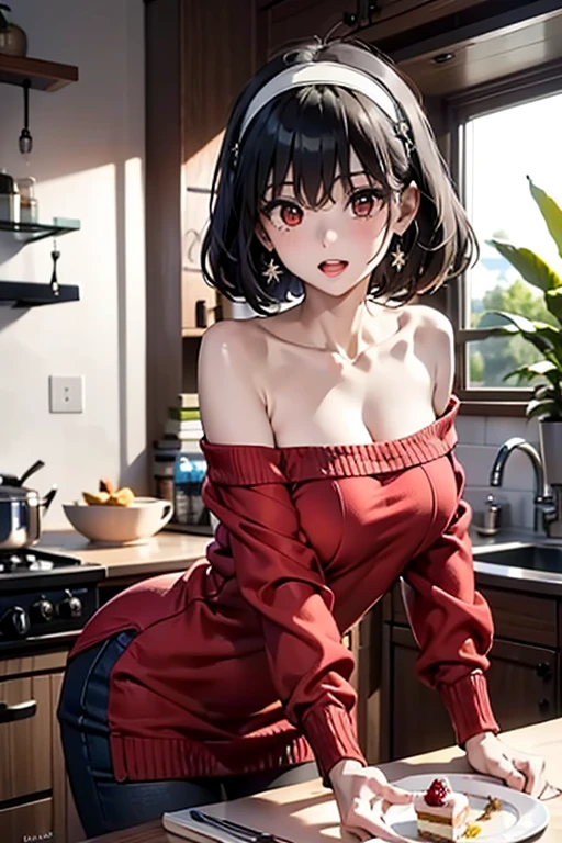 masterpiece, yor, 1girl, Amazing Cleavage:1.3, thin waist, big ass, Raised sexy, medium breast: 1.8 posed cleavage:1.2、solo, looking at viewer, open mouth, have a cup of coffee,black hair, red eyes, dress, bare shoulders, jewelry, collarbone, sidelocks, hairband, earrings, indoors, off shoulder, :o, sweater, arms behind back, plant, short hair with long locks, white hairband, off-shoulder dress, sweater dress, off-shoulder sweater, red sweater, big side hair, very long side hair,is rendered in (masterpiece: 1.2, best quality), with (ultra high resolution) and an exquisite (depth of field). This masterpiece is not only visually stunning but also tells, make of cake cooking ,in the kitchen 