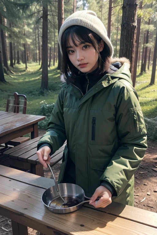 Super Detail, high quality, Attention to detail, 最high quality, 16K，High Contrast,On a wooden table、Aluminum mess kit（Messtin）There is:1.3,Green outdoor parka, Medium Bob、The background is a campsite