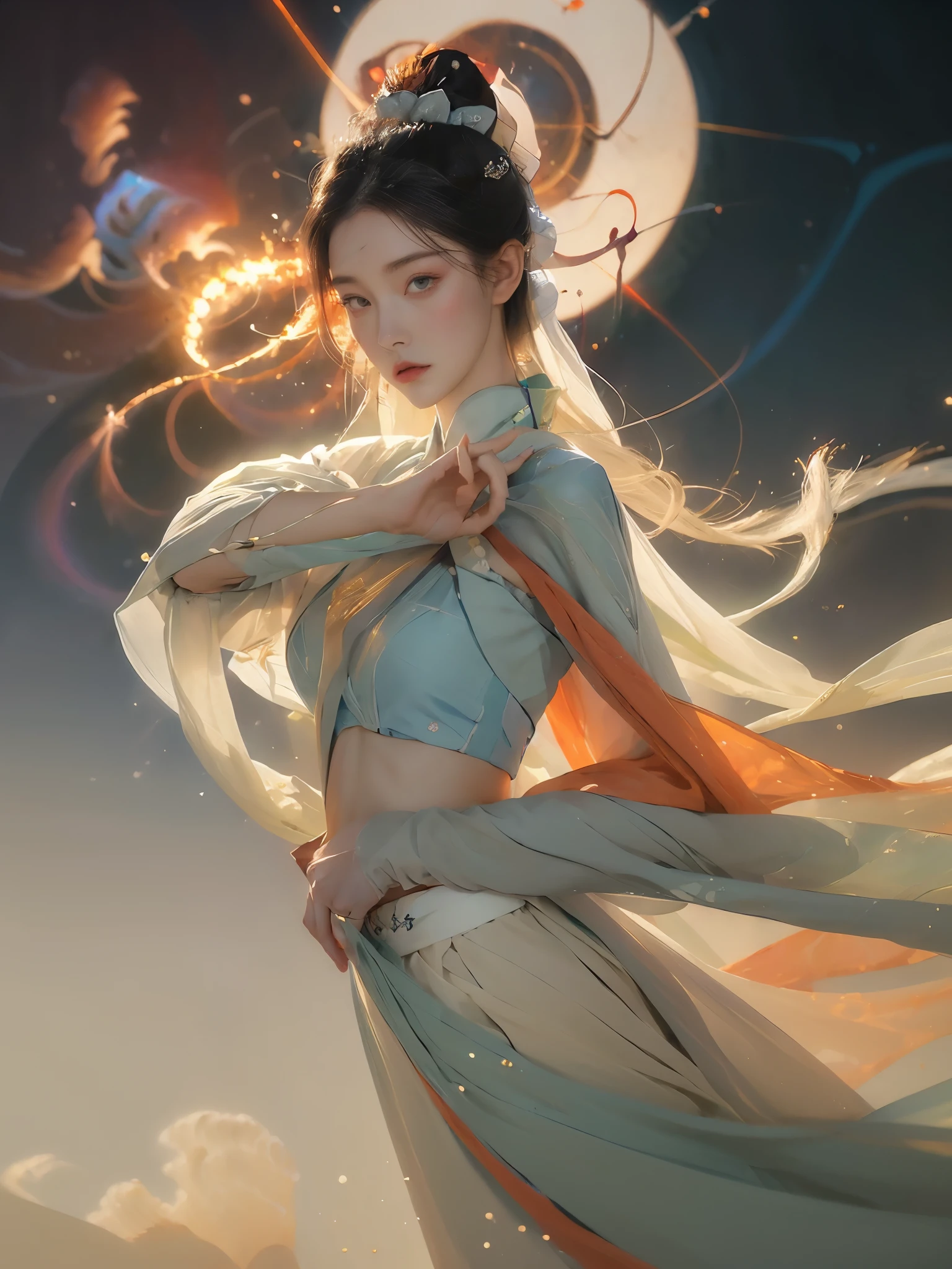 (1 Girl:1.4),Solitary, Gorgeous， Extremely detailed,(Joshua Middleton Comic Cover Art:1.1), (Action painting:1.2),(Concretism:1.2),(Hyperpolarization:1.5),rich and colorful,The most detailed,white gray background, White Hanfu, Pastel colors， (masterpiece, Top quality, best quality, Official Art, beautiful and aesthetic:1.2),