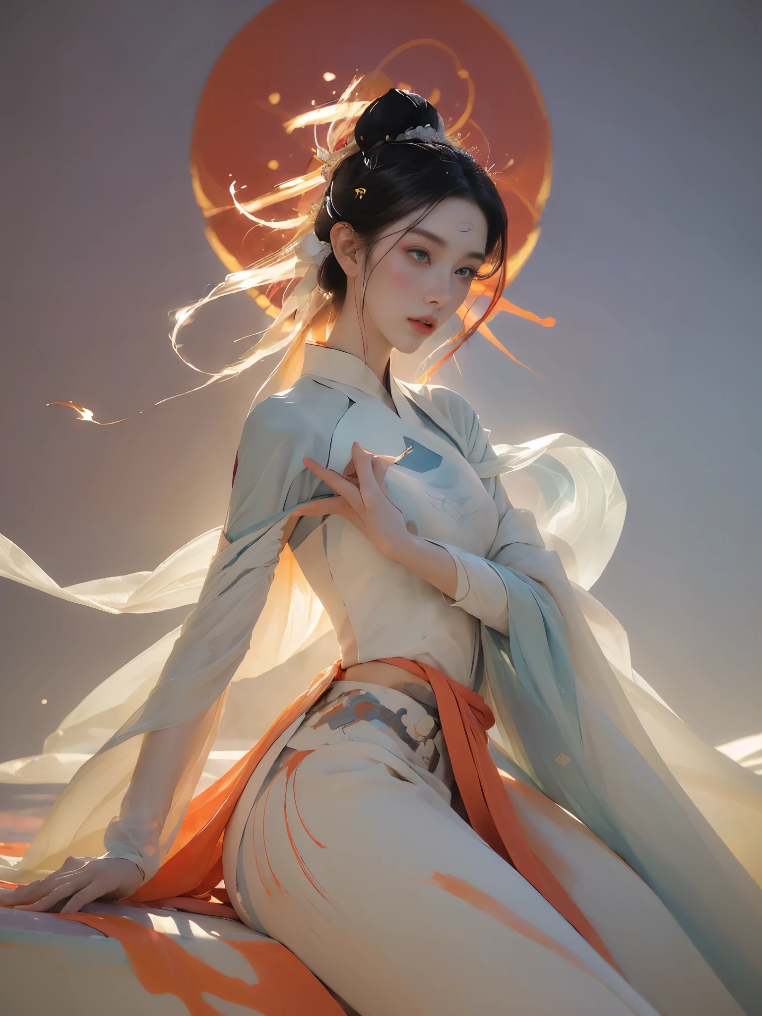 (1 Girl:1.4),Solitary, Gorgeous， Extremely detailed,(Joshua Middleton Comic Cover Art:1.1), (Action painting:1.2),(Concretism:1.2),(Hyperpolarization:1.5),rich and colorful,The most detailed,white gray background, White Hanfu, Pastel colors， (masterpiece, Top quality, best quality, Official Art, beautiful and aesthetic:1.2),