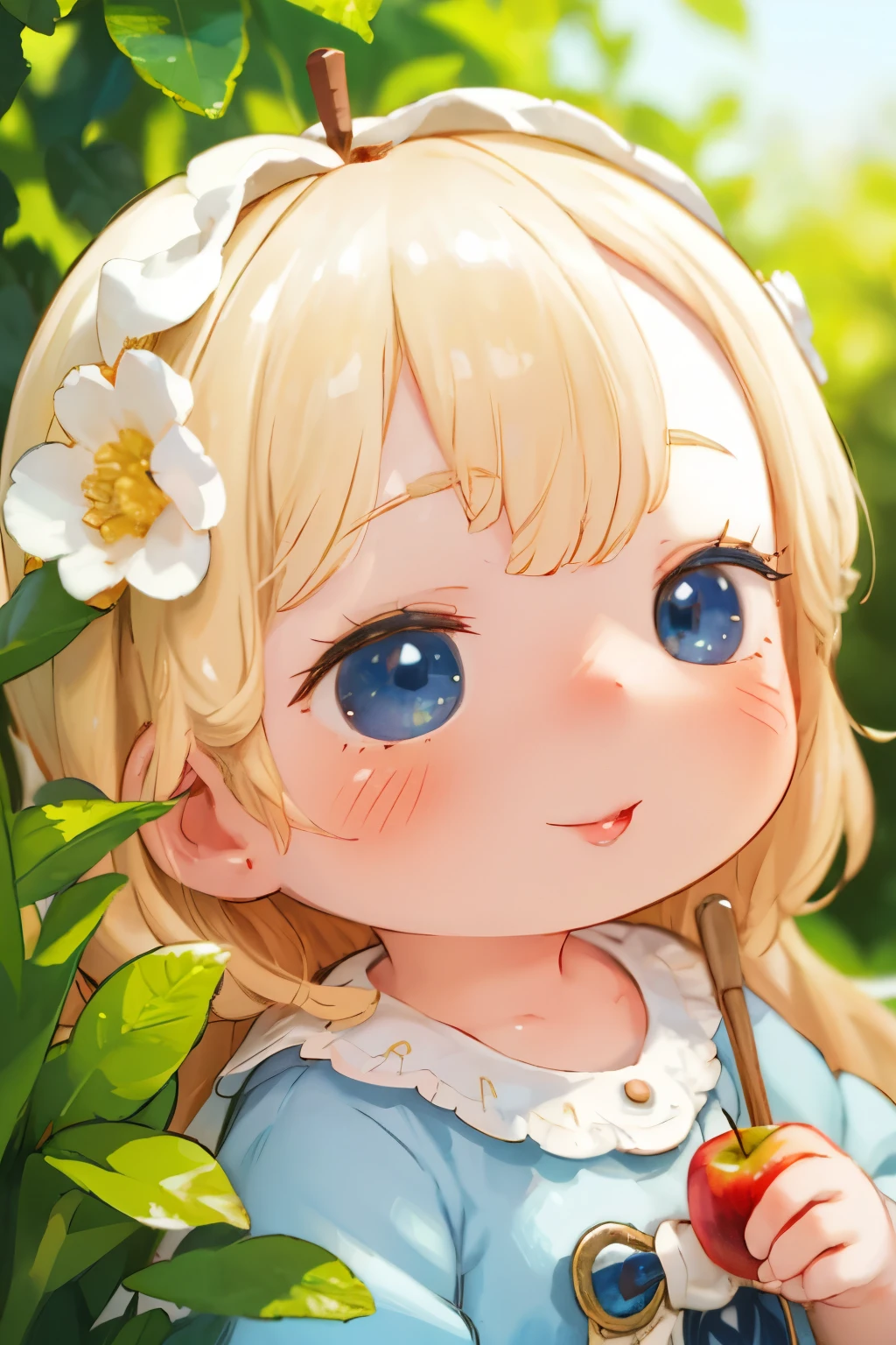 Photorealistic、Chibi Girl Doll（Apple-themed clothing、Have a magic wand、smile）,8k, photorealistic, beautiful detailed eyes, beautiful detailed lips, extremely detailed face and skin, intricate details, vibrant colors, natural lighting, pastoral, serene, tranquil, cozy, cute, adorable, kawaii