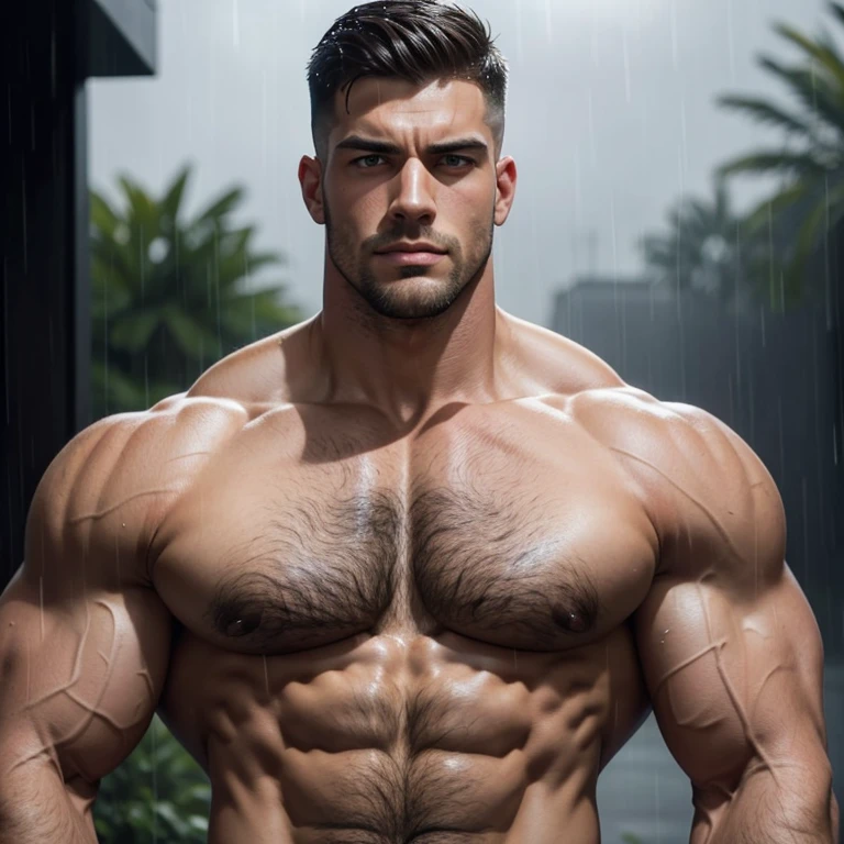 a very handsome man, tall, sad, with Mid fade haircut, with massively large muscles, with massively large body, with massively large and muscular arms and biceps, shirtless, seen very close up in a rainy environment