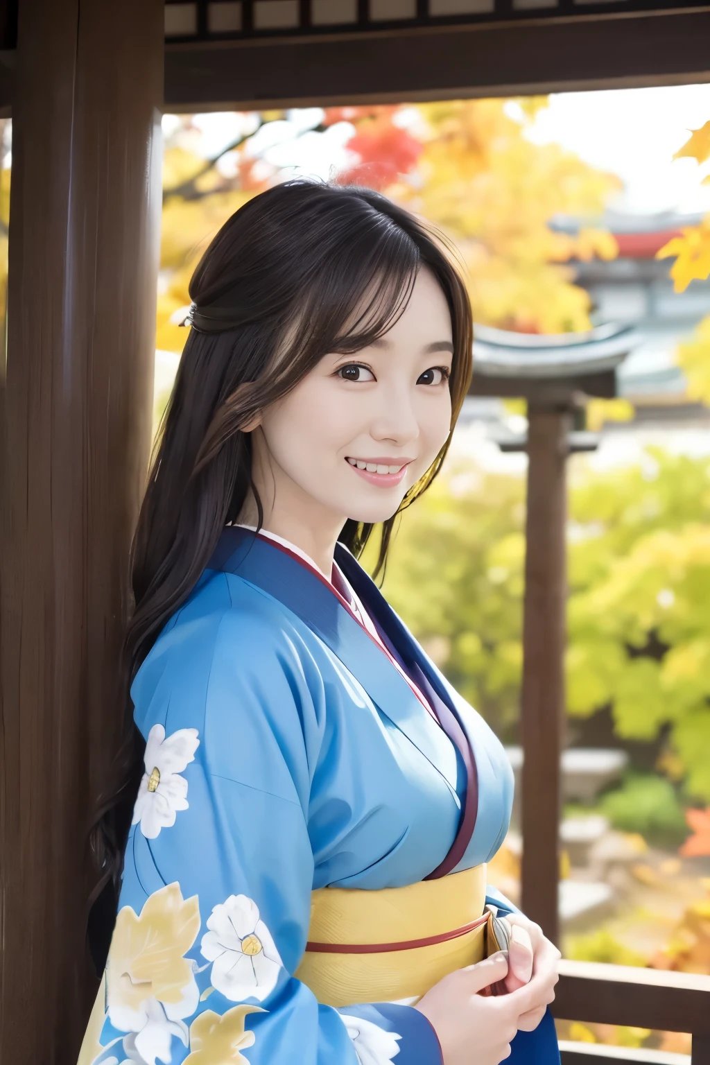 (Super beautiful woman in kimono)、(( Close up)),((best qualtiy、8k masterpieces:1.3))、((front shot)),sharp focus:1.2、(ultra beautiful faces:1.0)、(shinny skin:1.0)、photos realistic、A dark-haired、Video Lighting、High-definition eyes and face、Video Lighting、Japanese actressl、from the front side、medium breasts、With a happy smile、((wearing kimono and obi))、((hair down)),Under the autumn leaves、,(( in Japanese temple)),((view from above)),