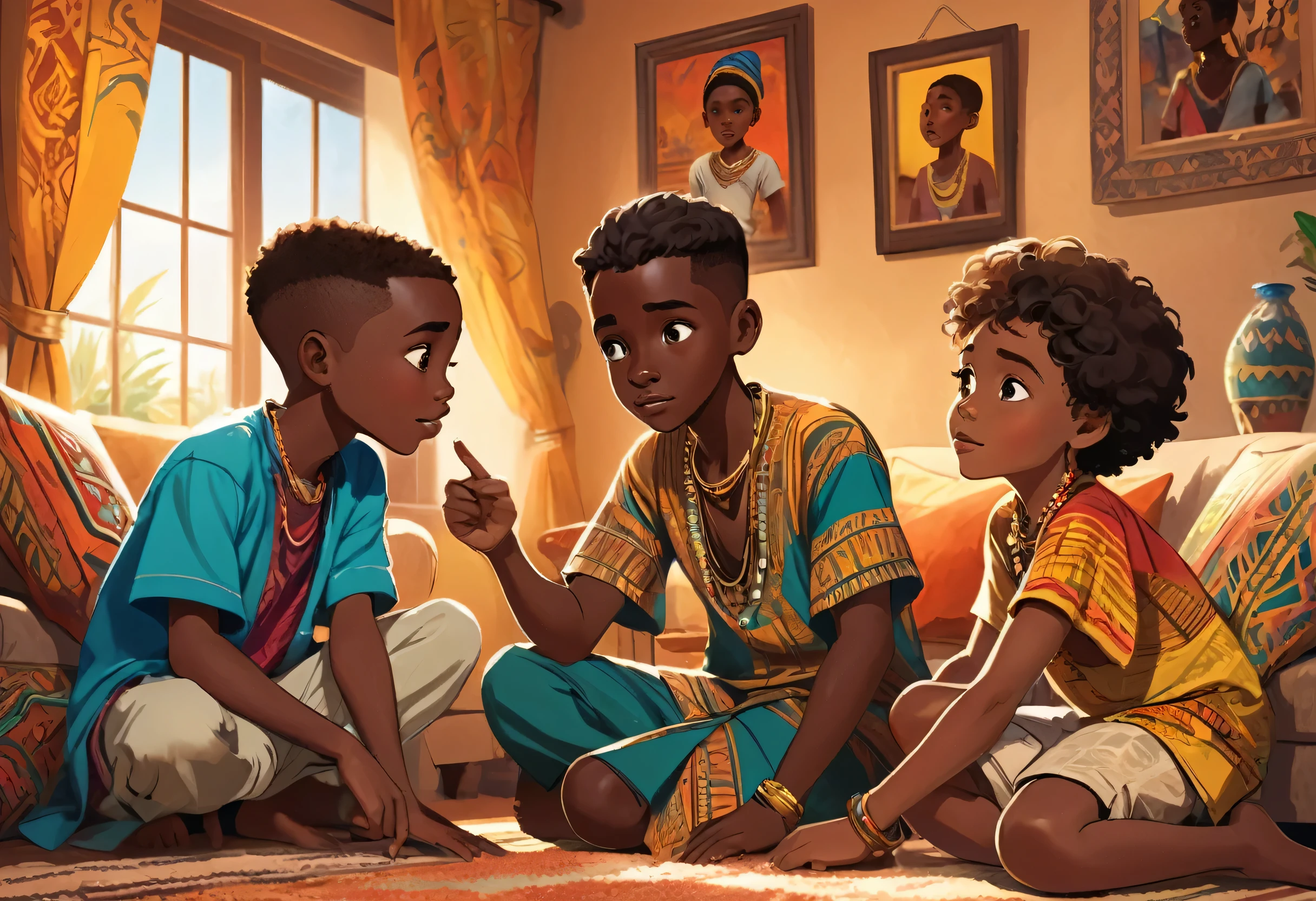 3 boys playing in the living room, one dark skinned, one midtone skin and one fair skin, (wearing clothes with African motifs) worried look, one of the kids pointing at something, (masterpiece best quality:1.2) delicate illustration ultra-detailed, (disney-related event) indoor, (living room), detailed background African home, illustrations, bright, colourful,
