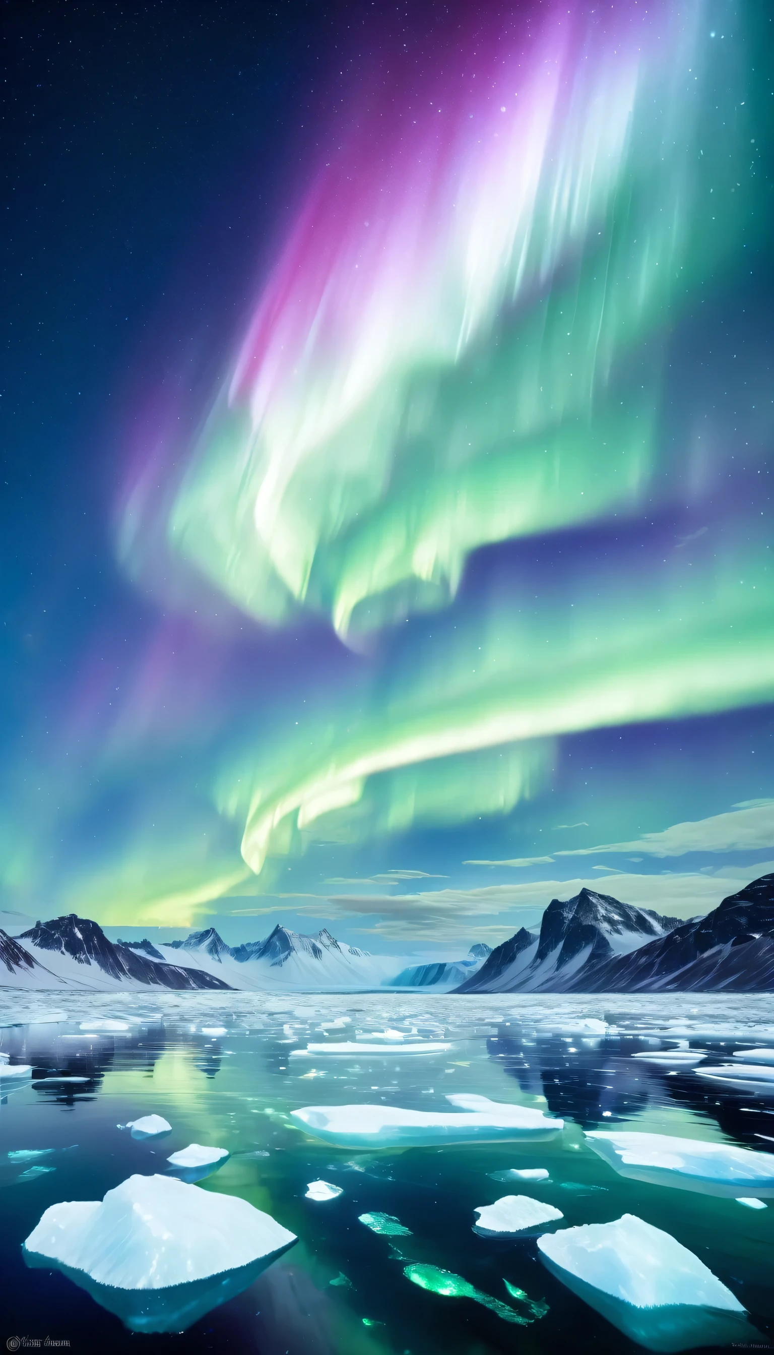 Above the polar night sky,A white aurora slowly opens like a dream curtain,Like a white ribbon,That pure white,The white aurora sometimes stretches,Transform into various wonderful forms,The surrounding darkness is illuminated by this pure white light,Twinkle of stars,White Aurora inlaid with brilliant gemstones。Icebergs in the distance illuminated by the white aurora,Reflects a soft halo,The whole world seems to be immersed in this magical and beautiful white aurora scenery,Realistic style