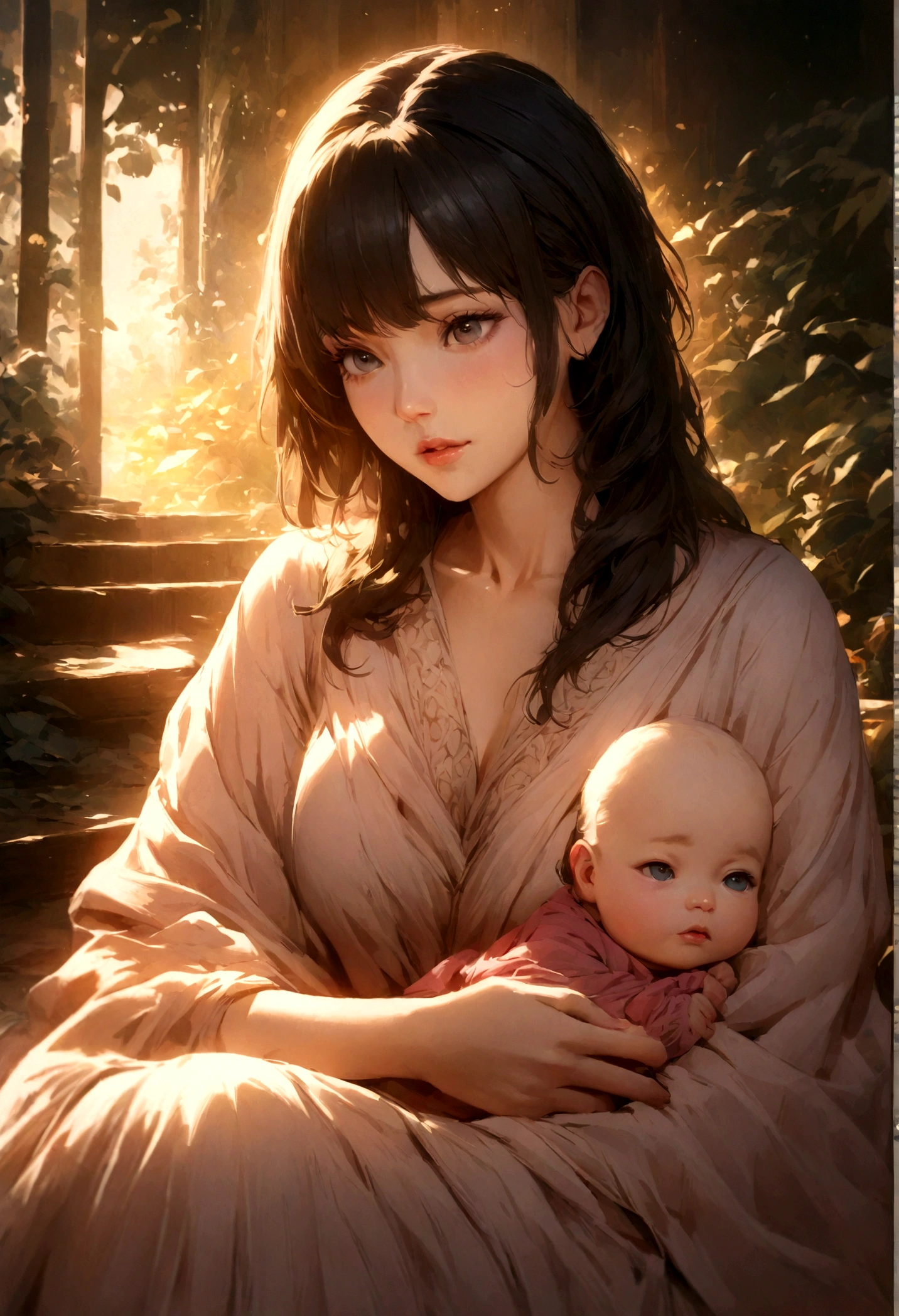 a woman sitting on the floor with a baby, anime style, makoto shinkai art, (makoto shinkai), (makoto shinkai), accurate depiction, beautiful detailed eyes, beautiful detailed lips, extremely detailed face, long eyelashes, intricate detailed clothing, warm lighting, soft colors, detailed background, cinematic composition, subtle emotional expression, delicate brushstrokes, vibrant colors, masterpiece, best quality, 8k, high res, photorealistic