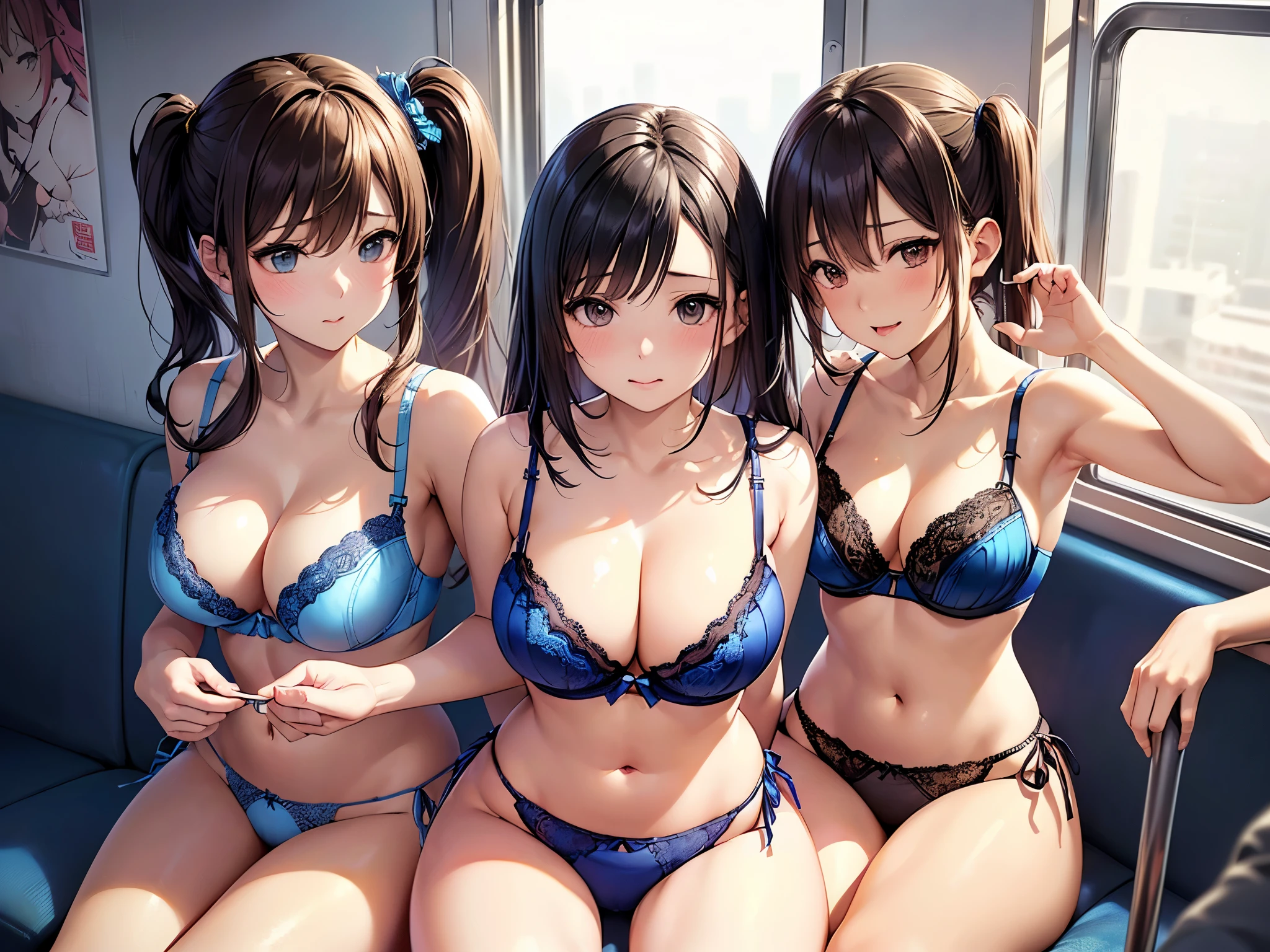 (((masterpiece, highest quality, High resolution, 超High resolution, Perfect Pixel, Depth of written boundary, 4K, RTTX 10.0))), Beautiful Anime Woman, Beautiful art style, Anime characters, ((Smooth texture, Realistic texture, Anime CG Style)), Exact finger count、Exact number of legs、(Exact number of arms:1.0, Exact number of hands:1.0), (Perfect hands, Perfect Anatomy), Cinematic, Realistic, Extremely detailed CG, Daytime lighting, Perfect lighting, Best Shadow, The best natural light, whole body, Perfect body, (Slender body:1.2), ((Long Hair, bangs, Dark brown hair, Stylish hairstyle, Side Ponytail)), ((3人のcute女性は横に並んでセクシーに自撮りしている:1.6)), ((With 3 people:1.0)), beauty, cute, ((セクシーでcute青下着:1.3), (Stylish shiny blue satin panties, Side-tie panties:1.3), (Thin panties:1.3), (Blue micro lace satin bra, Thin bra:1.3):1.3), (Beautiful and big breasts, Cleavage:1.2), (Beautiful little ass:1.2), (Beautiful and thin thighs:1.3), Feeling embarrassed, (blush:1.2), (Very embarrassed look:1.4), (In a crowded train, Sitting on a train seat:1.3), naked, In underwear, whole body, お揃いのIn underwear, Short torso