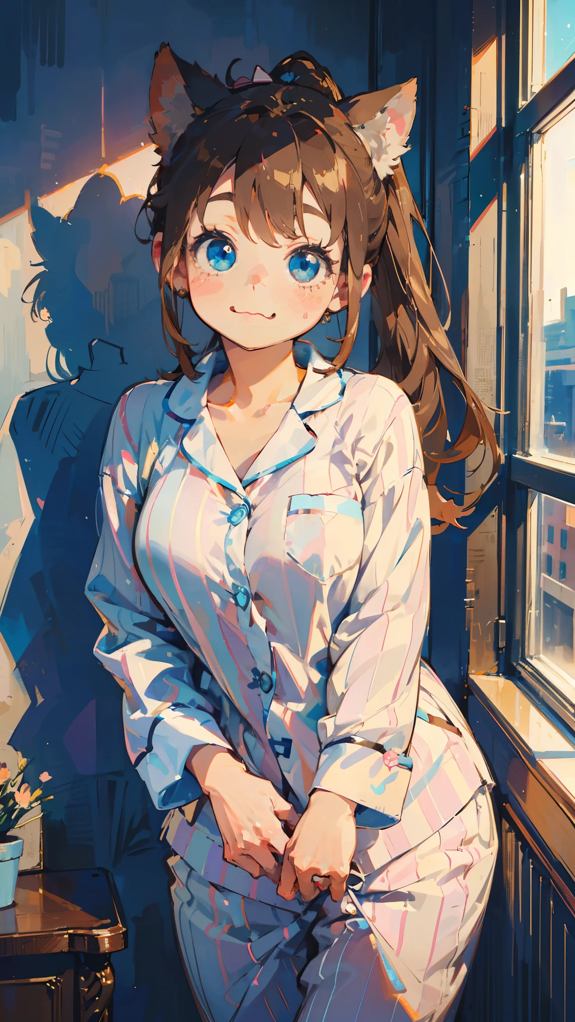 (8k, RAW photo, best quality, masterpiece, highres, absurdres, ultra detailed:1.3), (Photography, realistic, photo-realistic:1.4), (beautiful natural lighting, beautiful deatailed shadow, beautiful detailed glow :1.4), atmospheric,
BREAK 1 beautiful girl,(Cute:1.5),(Chibi:0.5),(kawaii:2),(Loli:2), (17 years old girl), Very detailed, colourfull, highest details, BREAK, (Huge breasts: 1. 2), Clear skin, Beautiful skin, Shy skin,(Brown hair:1.75), (fluffy Big cat ears, Ponytail, medium-Long hair: 1. 2), (Light blue eyes, long eyelashes, Double eyelids: 1. 2),Solo,gleaming skin, Clear skin, Beautiful skin,(best quality face),(Top quality glowing eyes),(smile,red-faced:1.45),
BREAK //Character
(pajamas:1.2),(((thick vertical stripes of white and light blue thick vertical stripes))),BREAK,(((oversized clothes,oversized pajamas, open pajama shirt ,pants pull down,lean forward, while looking down,blush,put on pants,wear pajamas))),white ribbon panties,
BREAK wakame,wakame,wakame,(cowboy shot, from front:1.4), BREAK manga illustration,manga style,
