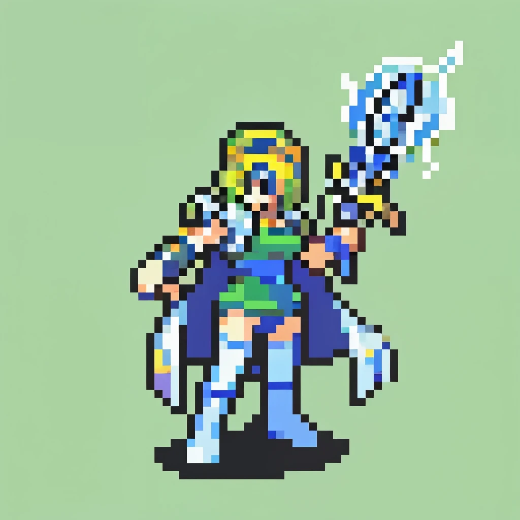 masterpiece, best quality, celes chere, blue headband, green leotard, white cape, blue bracelets, white thighhighs, blue boots, holding sword
