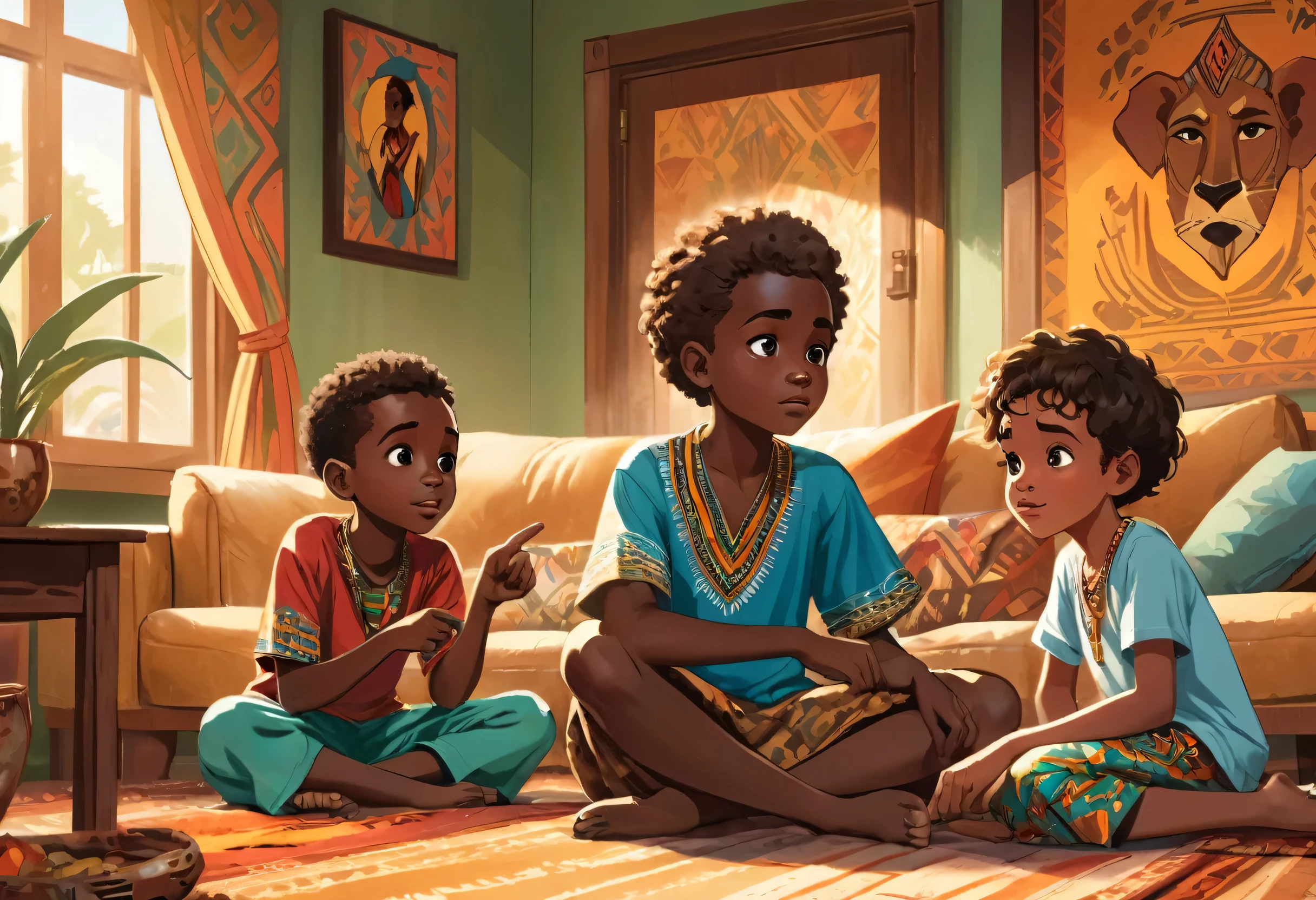 3 boys playing in the living room, one dark skinned, one midtone skin and one fair skin, (wearing clothes with African motifs) worried look, one of the kids pointing at something, (masterpiece best quality:1.2) delicate illustration ultra-detailed, (disney-related event) indoor, (living room), detailed background African home, illustrations, bright, colourful,
