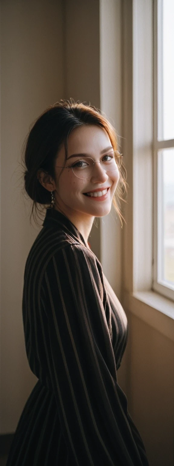 score_9, score_8_up, score_7_up, BREAK,
 (best quality, Super detailed, Golden Ratio, masterpiece:1.2), Stage lighting:0.7, Photo of a woman, Wearing very elegant and beautiful clothes, Perfect rare face, (Very delicate skin), Feel free to dye your hair, Cover your mouth with your hands、laugh at, Texture, Pale skin, shiny skin, (Thin, large size:1.2), [:(Keen attention to rare faces, Perfect eyes:1.2):0.2], Reality, Film Grain, Take a step forward、Looking from the bottom up、Looking at the camera、Emphasize shoulders, focus on face、stocking、Glasses、The corners of his mouth rise into a smile、Contemptuous expression, Summer mist, Soft colors, Soft warm colors, Photo Movie portrait of a woman dressed in a striped dress sitting by the window in the early morning, Movie, (incline:1.3) (On an old train) Careful, Standing in the spotlight with dust cloud, Key Light, Backlight, Soft natural lighting, PhotographyFilm Grain ISO 400 30 mm lens RAW f1.8 aperture, Very detailed (Analog Photography:1), Color HDR