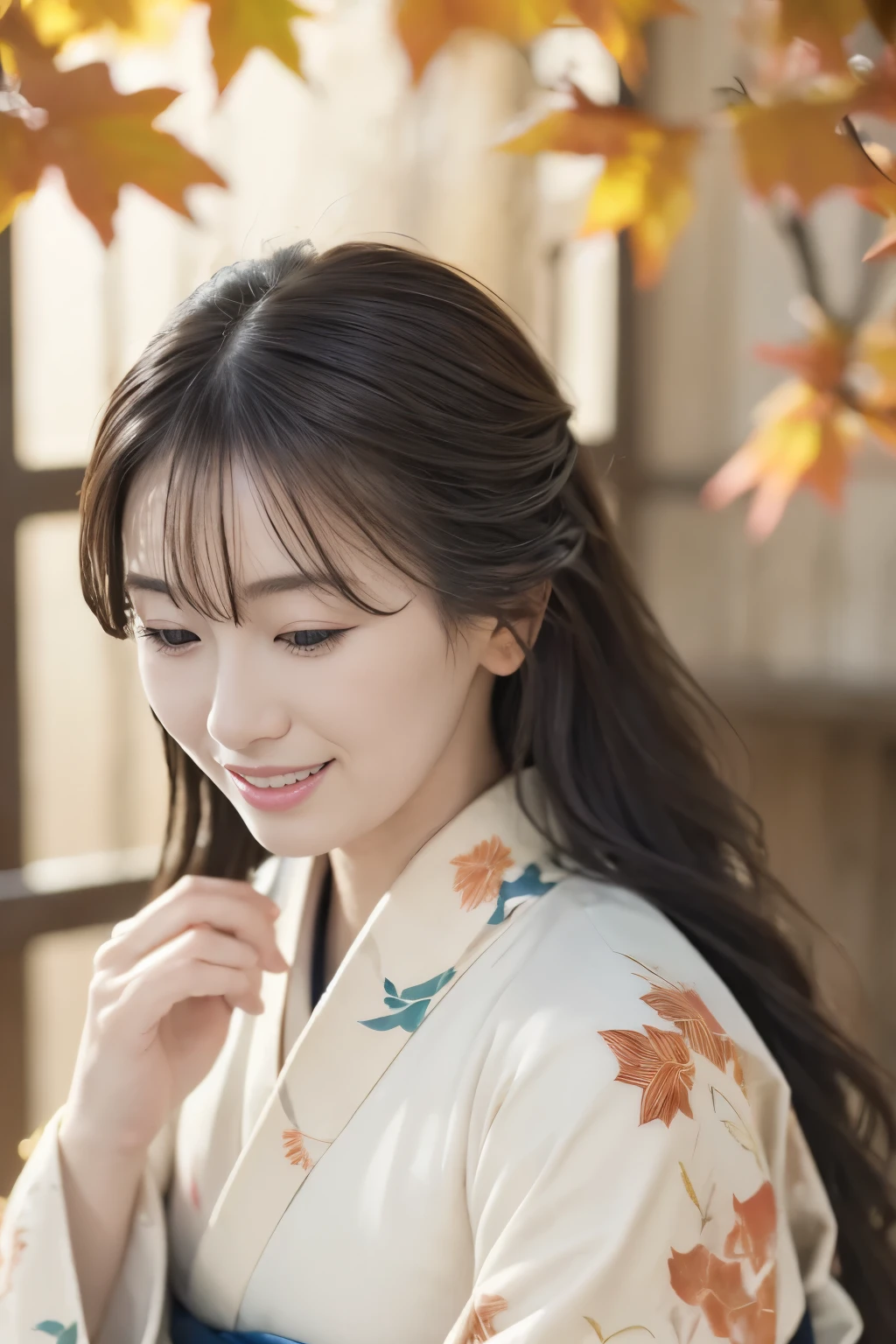 (Super beautiful woman in kimono)、(( Close up)),((best qualtiy、8k masterpieces:1.3))、((front shot)),sharp focus:1.2、(ultra beautiful faces:1.0)、(shinny skin:1.0)、photos realistic、A dark-haired、Video Lighting、High-definition eyes and face、Video Lighting、Japanese actressl、from the front side、medium breasts、With a happy smile、((wearing kimono and obi))、((hair down)),Under the autumn leaves、,(( in Japanese temple)),((view from above)),((sitting on flour)),