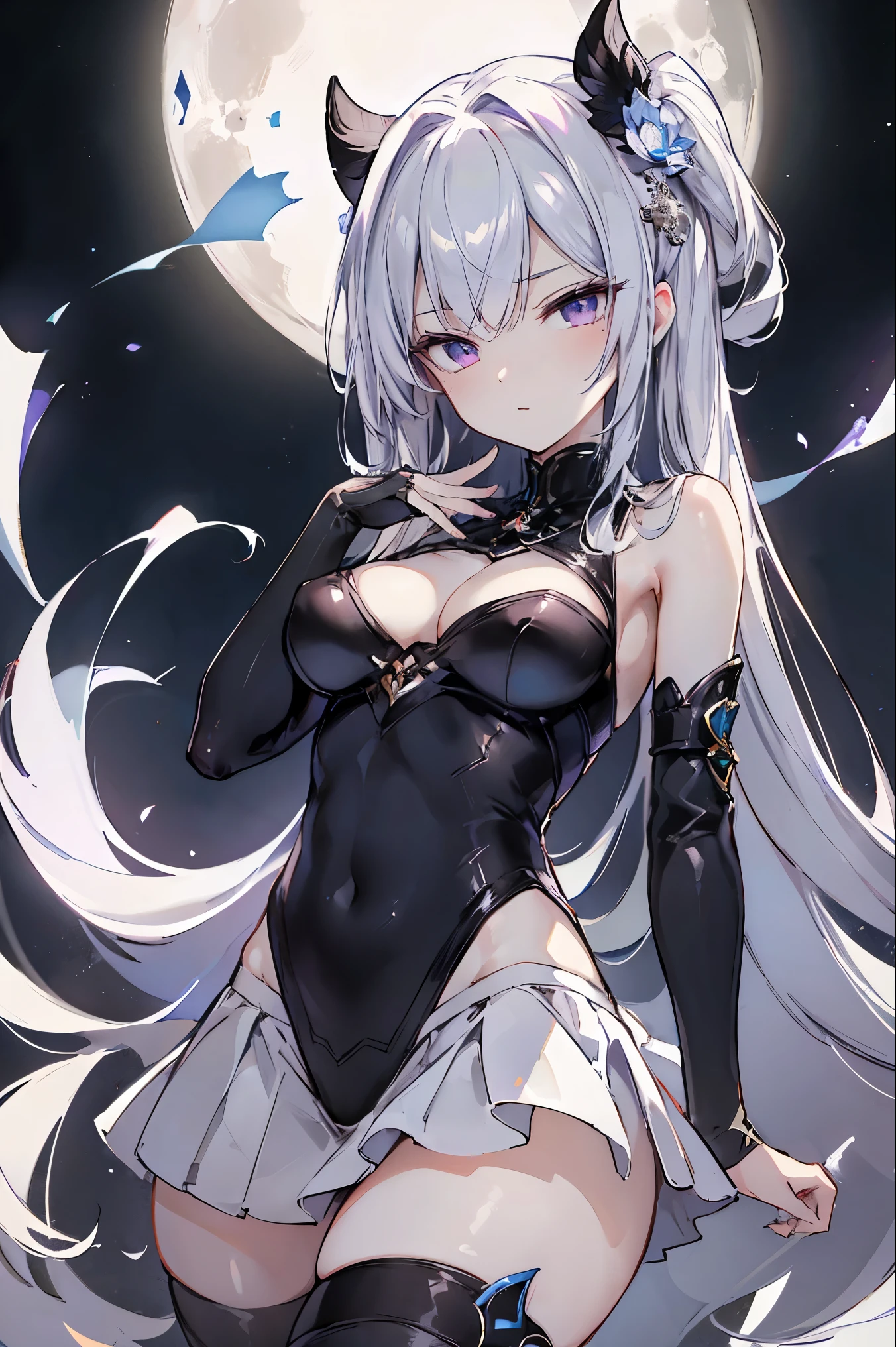 1girl, anime, cute girl, blank background, white background, fantasy, detailed fantasy dress with highlights, beautiful face, beautiful eyes, dark colors, black hair with multicolor streaks, red eye with different color pupil in eye, multicolor eye, medium breasts, slight cleavage, beautiful skin, cute, breast curtains, extremely delicate and beautiful, (beautiful detailed face:1.0), (detailed deep eyes), symmetrical breasts, deep eyes, shiny skin, portrait, slender waist, hips wider than shoulders, thighs, expressionless, young girl, luminous eyes, adorable,(Kpop idol),(aegyo sal:1),(Platinum blonde hair:1),((puffy eye)),Black panty,sexy posture,Superskirt, Ultra-high resolution,Black collar,slim figure, Abdominal y tattoo, womb tattoo,Tight-fitting leg ring,y tattoo on half-body,Bare skin, Armored hand,Hidden fingertips,Hand covered,Arm covered,Fist covered,{{beautiful detailed fingers}}, tufts of hair, moderate beautiful breast:1.0,(masterpiece:1.2), best quality, high-res, HDR, perfect face, intricate armor, delicate blue filigree, intricate filigree, red metalic parts, detailed part, dynamic pose, dynamic lights, cute face, neutral expression, shuimobysim, lotus, hanfu, maxi skirt, dress conservatively 1girl, solo, long blue hair, standing, One lady,14years,((White hair) ,(Shiny purple bodysuit with microskirt),((Fantasy, Moon Night)), gradient_eyes,
