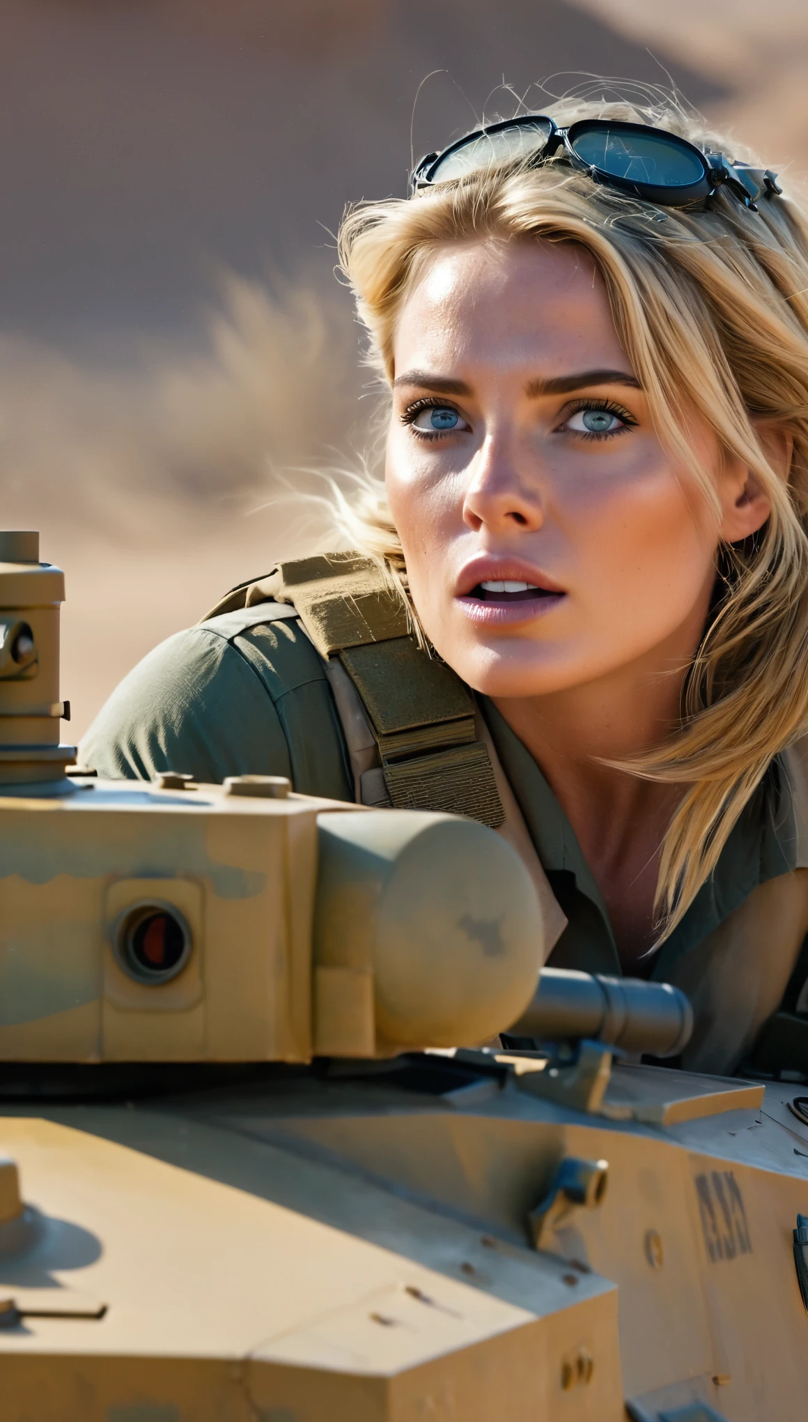 In breathtaking cinematic scenes from Hollywood movies、It showcases a panoramic view of an M-1 Abrams tank firing across a vast golden desert.。The protagonist is、A 35-year-old soldier with short, sandy blonde hair and piercing blue eyes.、The expression is serious yet determined.。Jaws clenched、Her lips are pressed together in a thin line、There are slight wrinkles at the corners of the eyes.、There is a hint of excitement in the air。The tanks are beautifully detailed.、Metal corner々It is perceived in a complex way.、Very detailed and gives the impression of a high budget production。Shallow depth of field、The tank and the soldier remain in focus.