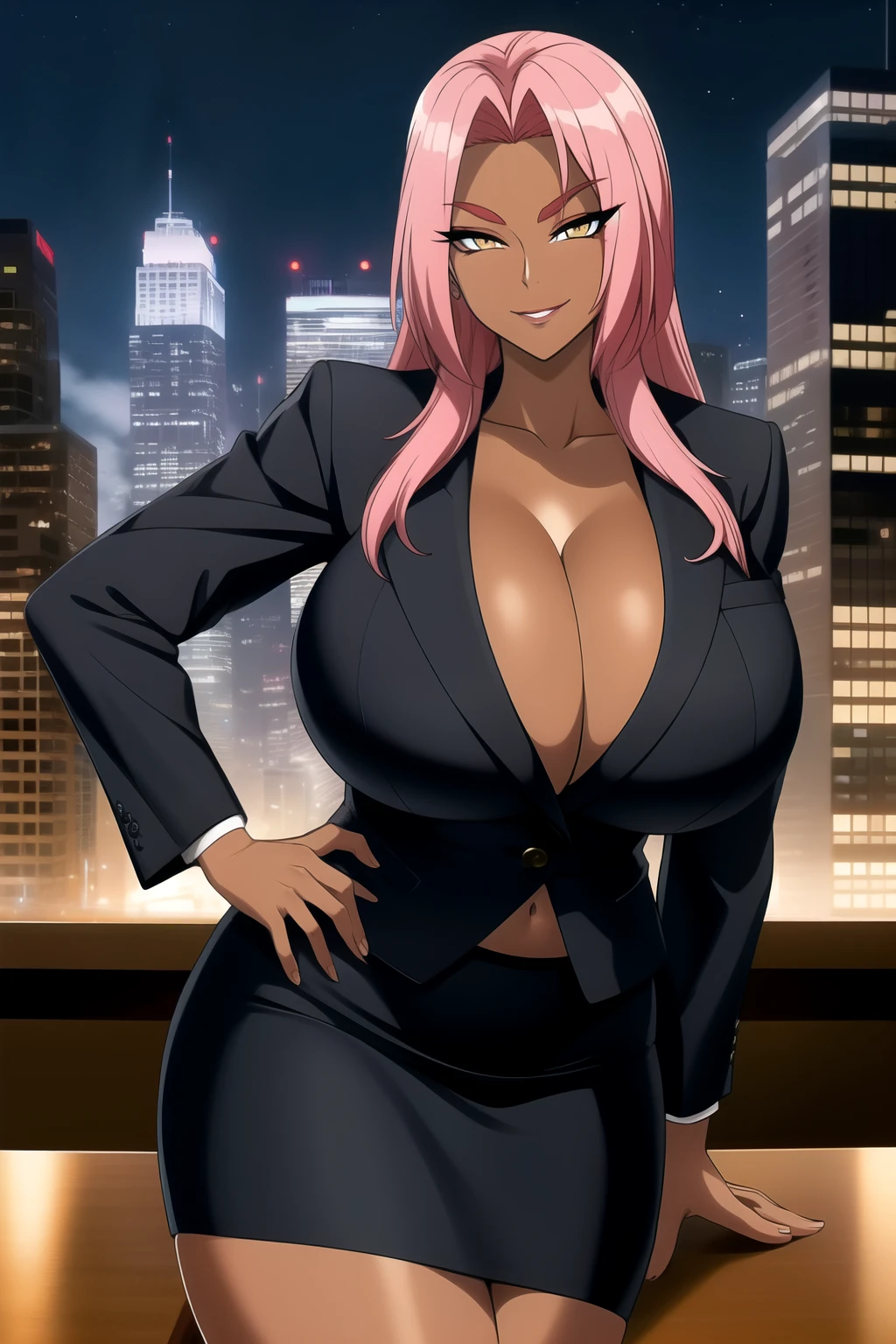 (high quality:1.1), intricate details, cinematic lighting, official art,
(Ingrid:1.1), dark-skinned female, hand on hip,  cowboy shot, close-up,
determined, smirk, (looking at viewer:1.1), seductive smile,
pink hair, long hair, hair intakes, makeup, thick eyebrows, yellow eyes,
, (black skirt suit:1.1), pencil skirt, miniskirt,collarbone, shiny, indoors, luxury office, table, cityscape, night, 
curvy, midriff, (gigantic breasts:1.4), 

