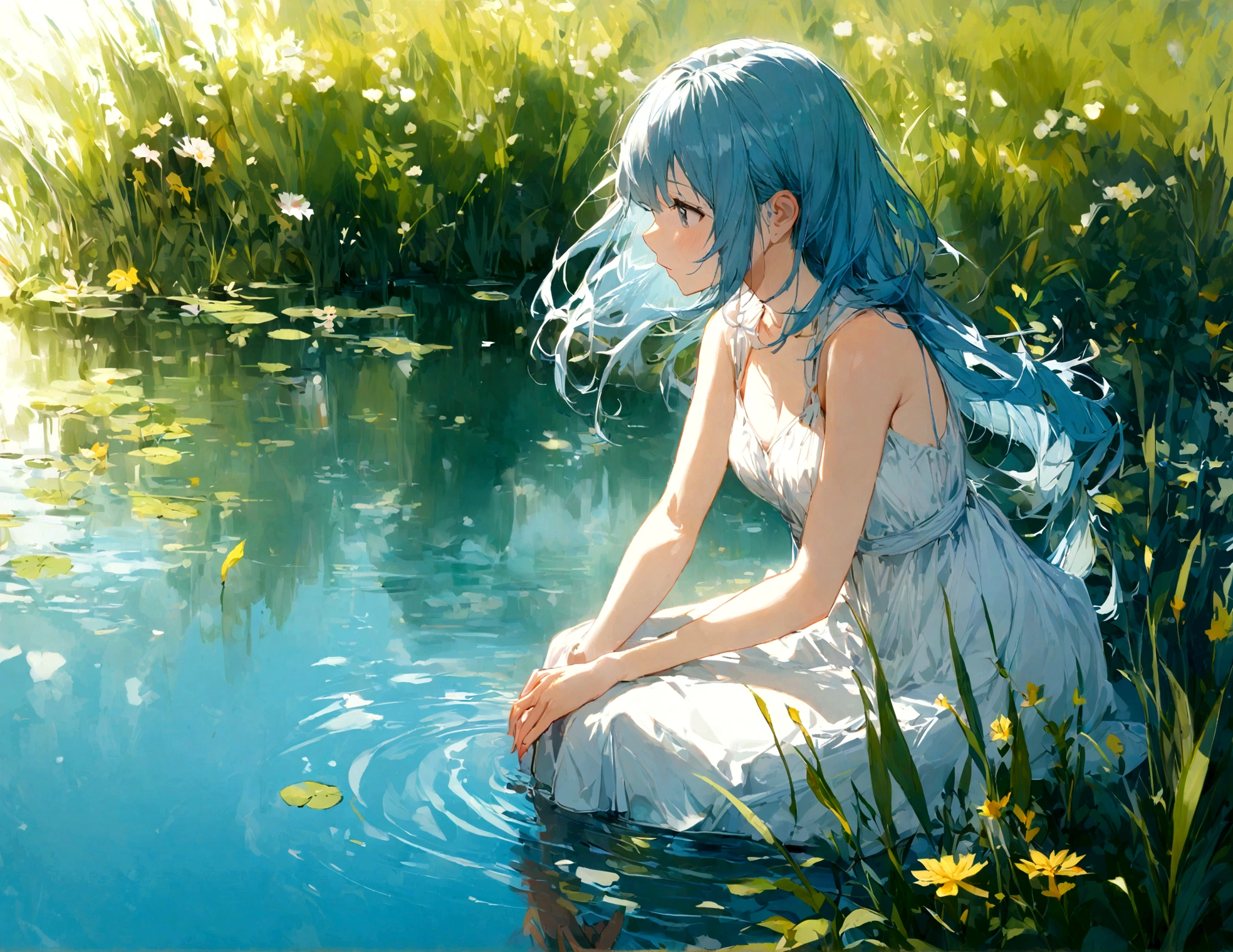 1girl, white dress, waving in the wind, profile, sitting in the grass, looking into the pond, beautiful reflection, beautiful pond, waterside, grass, daytime, blue sky