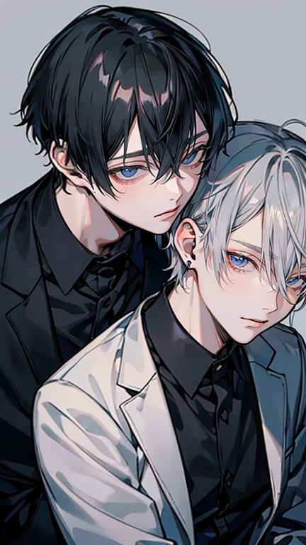 (Mastepiece), (Best Quality), Very detailed, ((Two men intimate:1.5)), Perfect Face, Beautiful Face, Very detailedな顔,(Black-haired man:1.3),(Grey-haired man:1.3)、suit、(smile:1.2)
