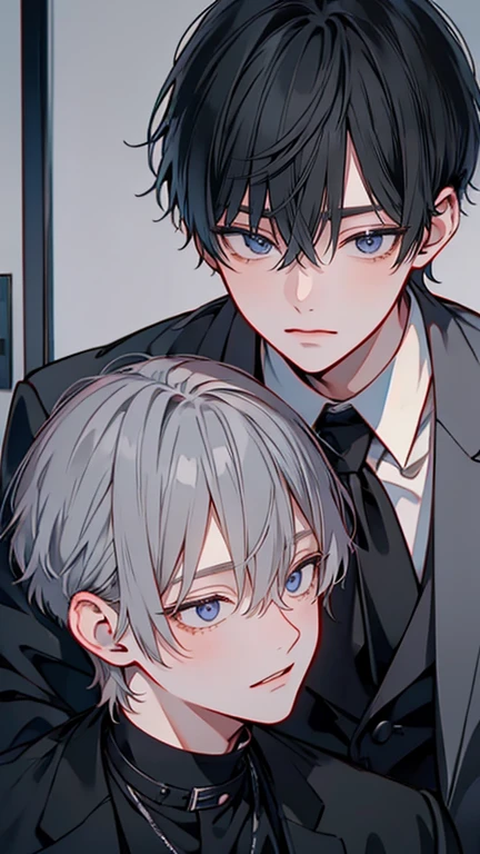 (Mastepiece), (Best Quality), Very detailed, ((Two men intimate:1.5)), Perfect Face, Beautiful Face, Very detailedな顔,(Black-haired man:1.3),(Grey-haired man:1.3)、suit、(smile:1.2)