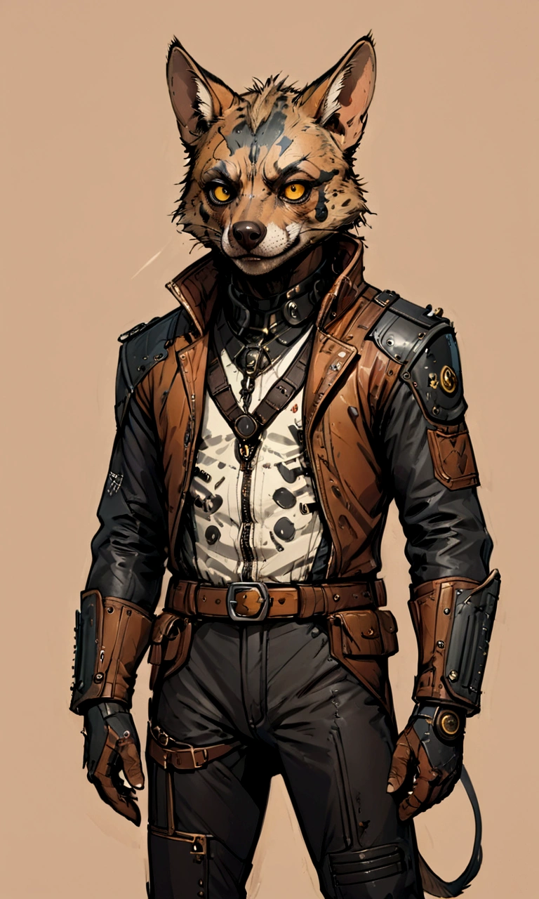 ((Masterpiece)), (Best Quality), (Cinematic),(highly accurate drawing in every detail)(extremely precise representation)half_body_portrait,victorian steampunk vibe,, a stunning steampunk striped hyena(male)(with all hyena specific bodyparts) dressed in cool leather pilot suit with layers and buckles and accessoires holding a ballistic gun,big eyes, high quality linework,plain background,1 line drawing,Hyaena hyaena, plain white background