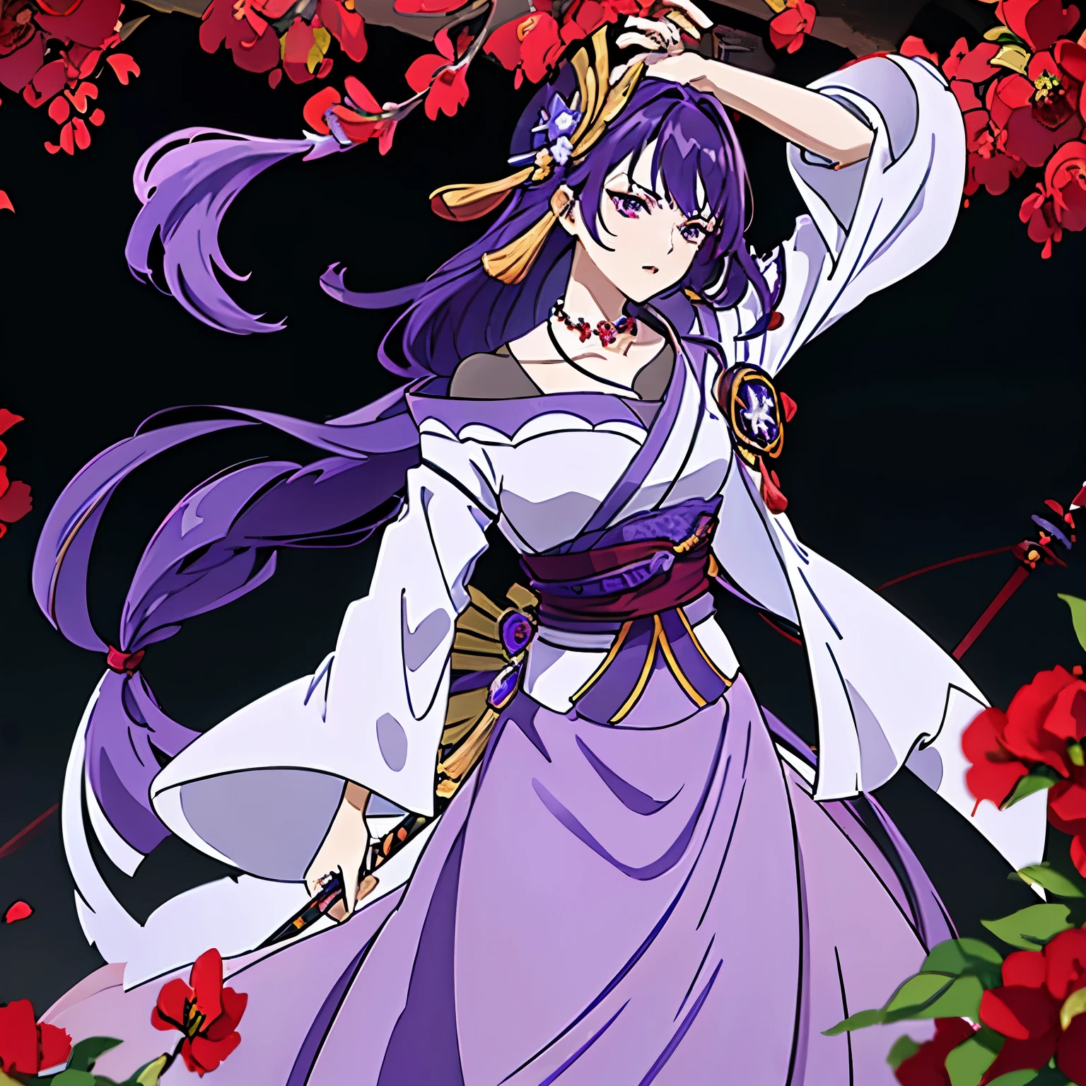 Best quality at best, Ultra-high resolution, (((1 girl))), (Long purple hair), (violet eyes), (Chinese clothes), (((Red Flowers necklace around her neck))), (Ultra Long Skirt), Hanfu, Yarn, Flowing light yarn, jewelry, (focal), (((Colorful))), particle fx , tmasterpiece, Best quality at best, beautiful painted, meticuloso, highly detailed, (tmasterpiece, Best quality at best） CG unified 8K wallpaper，((Fight)), (weapon - sword), tmasterpiece，Best quality，ultra - detailed）, Super HD picture quality