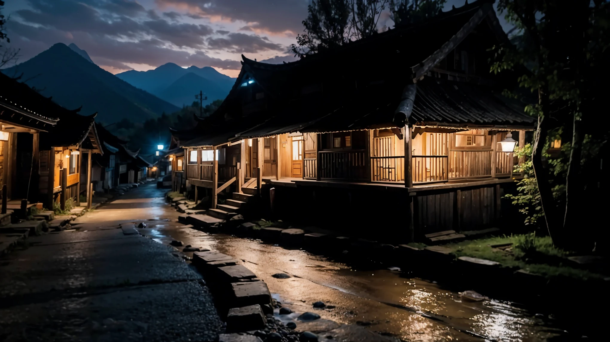 Poor little mountain village street, Female villagers, Old house, Very detailed, night, dark, That's horrible, Looking down,Exposing the udder