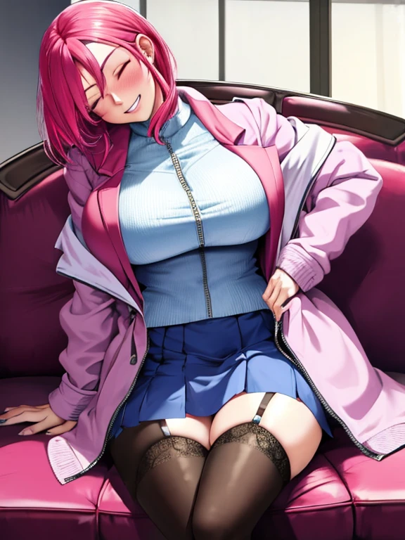 1girl, pastel, cracked dyed hair, red hair, blue hair, smile, teeth, skirt, sitting, couch, huge breasts, blush, pastel lipstick, unzipped jacket, eyes closed, head tilt, stockings, heavy makeup, skinny