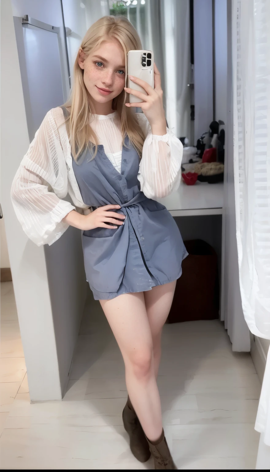 uma mulher, americana, 25 anos, pale skin and freckles, olhos cinzas, nariz delicado, soft and delicate lips, longo, cabelo blondie longo e ondulado na altura da cintura, sorriso meigo, face with delicate feminine facial features, altamente renderizado