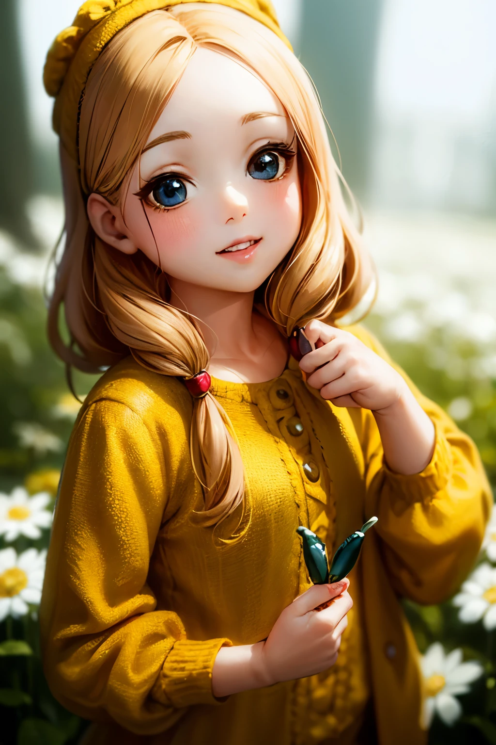 Photorealistic、Chibi Girl Doll(Apple-themed clothing、Have a magic wand、smile),8k, photorealistic, beautiful detailed eyes, beautiful detailed lips, extremely detailed face and skin, intricate details, vibrant colors, natural lighting, pastoral, serene, tranquil, cozy, cute, adorable, kawaii
