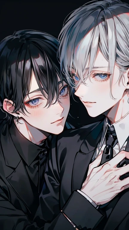 (Mastepiece), (Best Quality), Very detailed, ((Two men intimate:1.5)), Perfect Face, Beautiful Face, Very detailedな顔,(Black-haired man:1.3),(Grey-haired man:1.3)、suit、(smile:1.2)