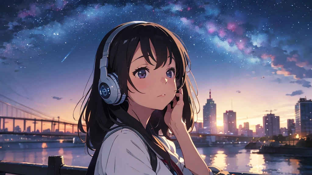 Woman in her early 20s, cute, pretty, kind, listening to music with eyes closed, wearing headphones, hands on headphones, background of woman is starry sky on the top half and city on the bottom half, woman is looking up at starry sky