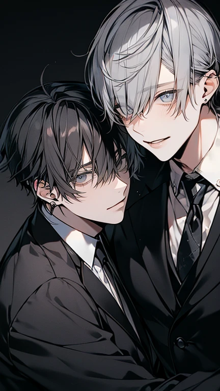 (Mastepiece), (Best Quality), Very detailed, ((Two men intimate:1.5)), Perfect Face, Beautiful Face, Very detailedな顔，(Black-haired man:1.3)，(Grey-haired man:1.3)、suit、(smile:1.2)