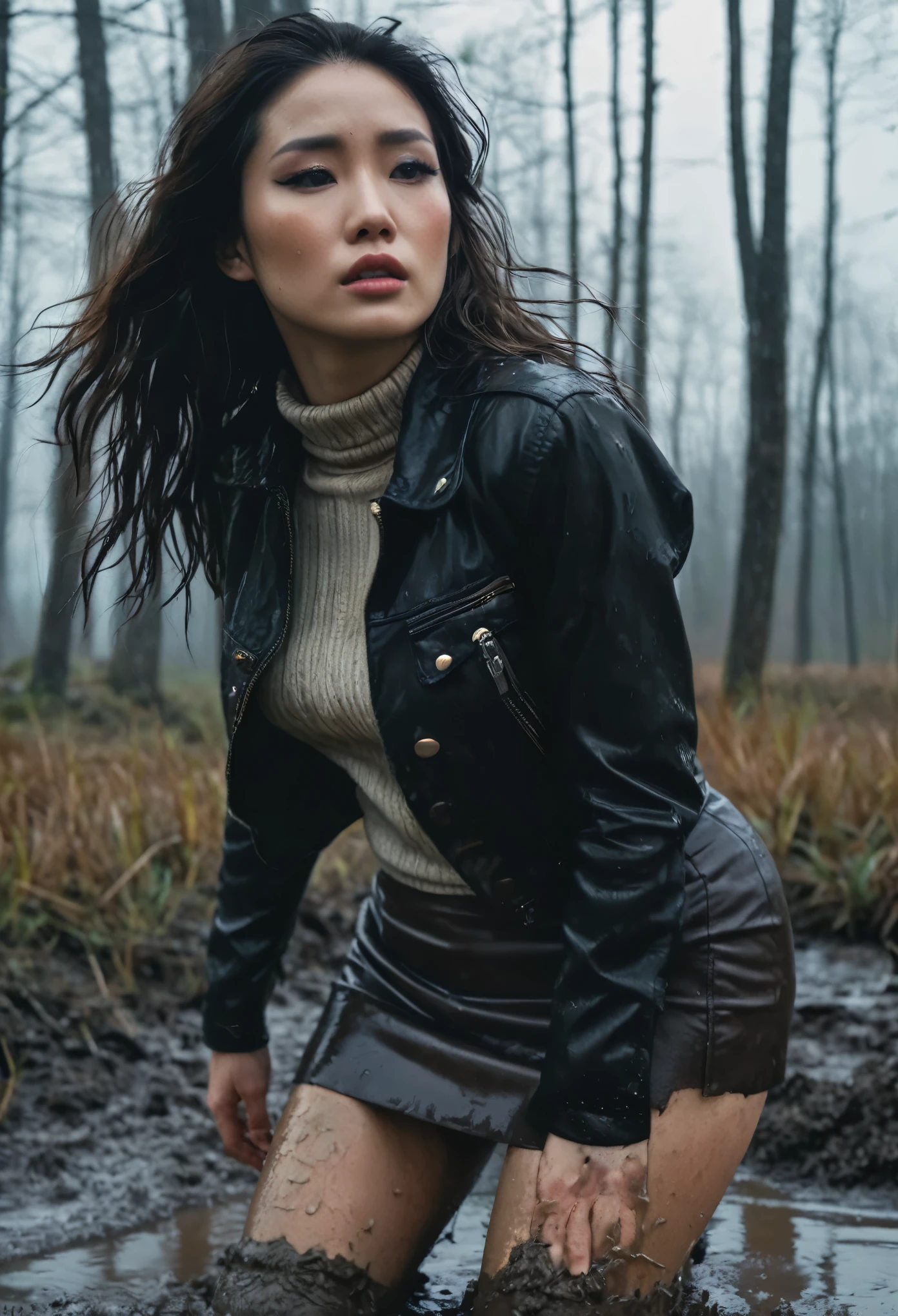 8k, ultra-detailed, documentary drama photo, grainy film photo, side view, close-up, masterpiece,muted colors, muffled light, dusk, rainy, moody, woman drowning in forest mud bog, shame expression, stockings, sexy, mini-skirt, light turtleneck sweater, messy faded leather jacket, beautiful long brunette hair, depraved outfit,asian:0.5fetishistic makeup,