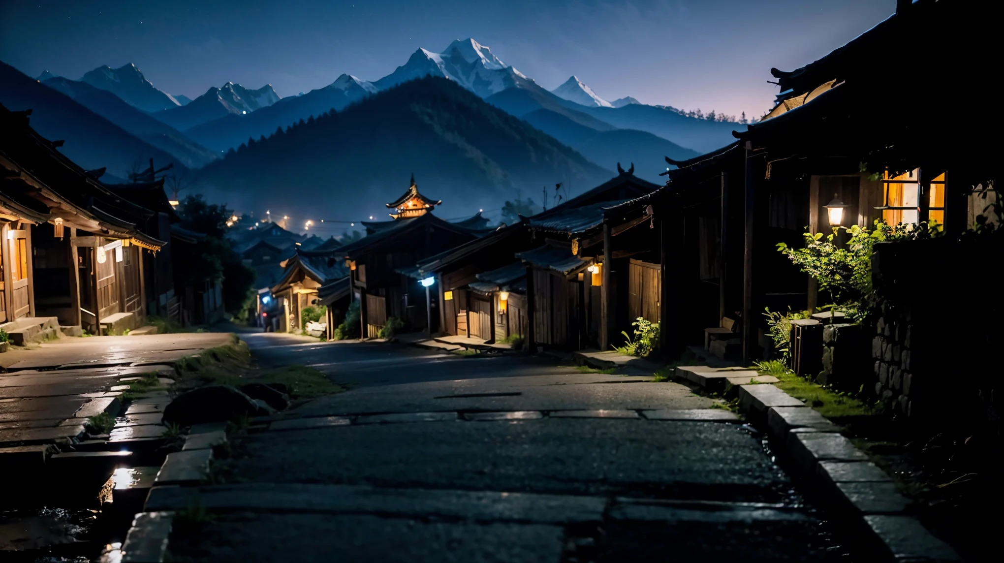 Poor little mountain village street, Female villagers, Old house, Very detailed, night, dark, That&#39;s horrible, Looking down,Exposing the udder