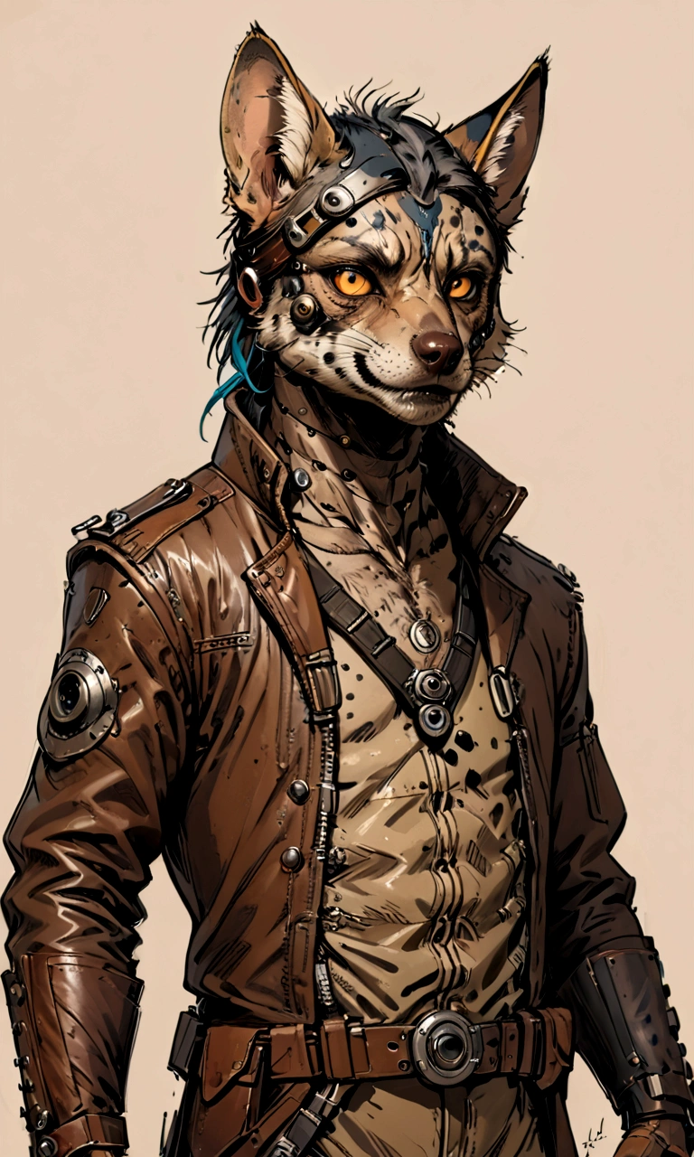 ((Masterpiece)), (Best Quality), (Cinematic),(highly accurate drawing in every detail)(extremely precise representation)half_body_portrait,victorian steampunk vibe,, a stunning steampunk striped hyena(male)(with all hyena specific bodyparts) dressed in cool leather pilot suit with layers and buckles and accessoires like wielding goggles on head holding a ballistic gun,big eyes, high quality linework,plain background,1 line drawing,Hyaena hyaena, plain white background