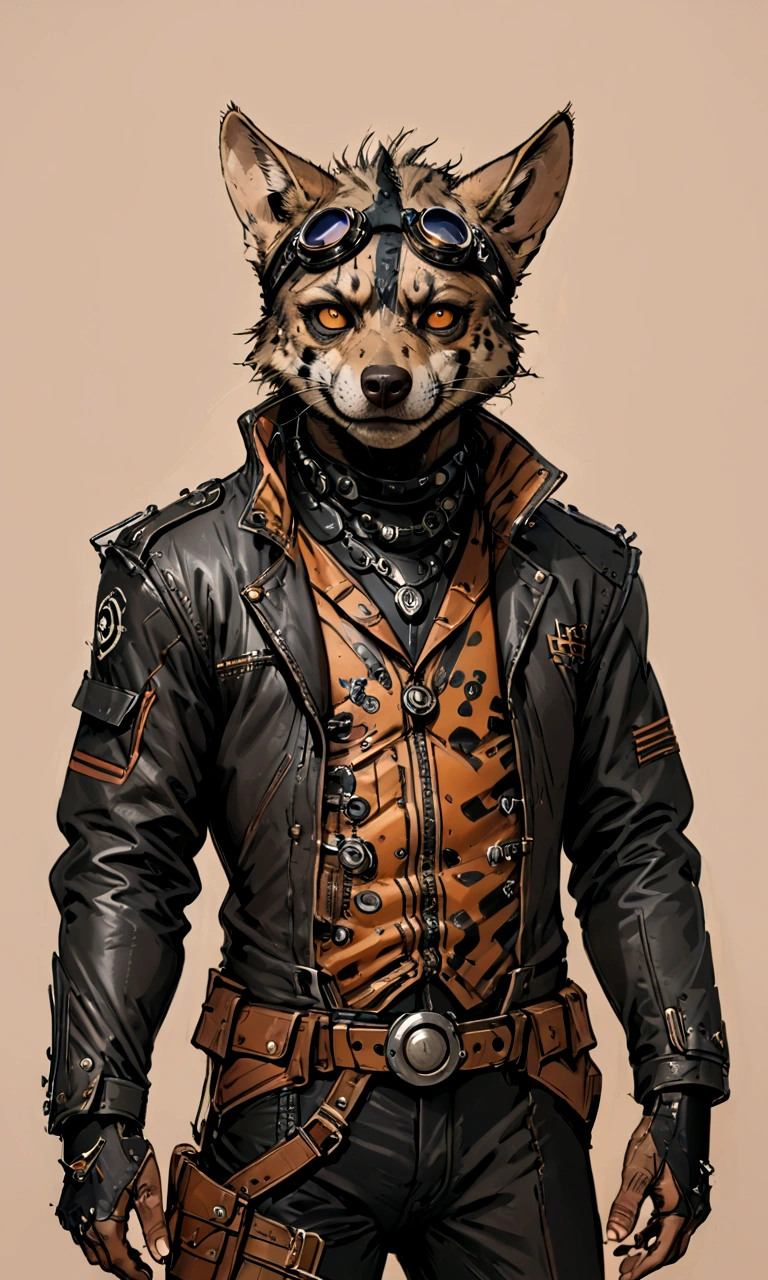 ((Masterpiece)), (Best Quality), (Cinematic),(highly accurate drawing in every detail)(extremely precise representation)half_body_portrait,victorian steampunk vibe,, a stunning steampunk striped hyena(male)(with all hyena specific bodyparts) dressed in cool leather pilot suit with layers and buckles and accessoires like wielding goggles on head holding a ballistic gun,big eyes, high quality linework,plain background,1 line drawing,Hyaena hyaena, plain white background