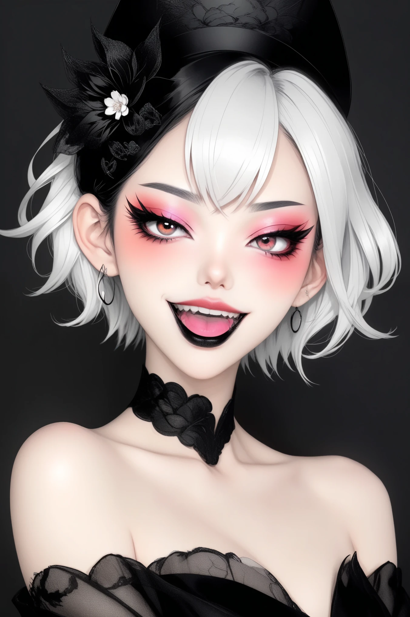 (best quality, sketch:1.2),actual,illustrator,Vixen，Japanese cartoons,1 girl, Detailed lips, ，Fangs，hand，hairy，Off-shoulder， black and white gradient background,Neon hair,Texture cropping, masterpiece, The style is vintage, Deep Black 