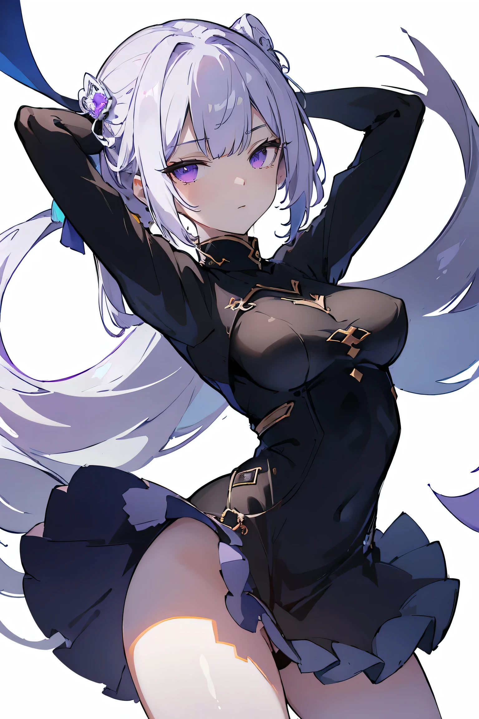 1girl, anime, cute girl, blank background, white background, fantasy, detailed fantasy dress with highlights, beautiful face, beautiful eyes, dark colors, black hair with multicolor streaks, red eye with different color pupil in eye, multicolor eye, medium breasts, slight cleavage, beautiful skin, cute, breast curtains, extremely delicate and beautiful, (beautiful detailed face:1.0), (detailed deep eyes), symmetrical breasts, deep eyes, shiny skin, portrait, slender waist, hips wider than shoulders, thighs, expressionless, young girl, luminous eyes, adorable,(Kpop idol),(aegyo sal:1),(Platinum blonde hair:1),((puffy eye)),Black panty,sexy posture,Superskirt, Ultra-high resolution,Black collar,slim figure, Abdominal y tattoo, womb tattoo,Tight-fitting leg ring,y tattoo on half-body,Bare skin, Armored hand,Hidden fingertips,Hand covered,Arm covered,Fist covered,{{beautiful detailed fingers}}, tufts of hair, moderate beautiful breast:1.0,(masterpiece:1.2), best quality, high-res, HDR, perfect face, intricate armor, delicate blue filigree, intricate filigree, red metalic parts, detailed part, dynamic pose, dynamic lights, cute face, neutral expression, shuimobysim, lotus, hanfu, maxi skirt, dress conservatively 1girl, solo, long blue hair, standing, One lady,14years,((White hair) ,(Shiny purple bodysuit with microskirt),((Fantasy, Moon Night)), gradient_eyes,