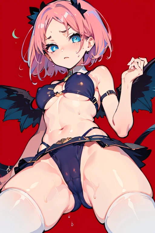 1 girl, high quality, (short hair), pink hair, forehead, blue eyes, (medium breast), straps on thighs:1.3), red background, (stocking), (cameltoe:1.2),(sweaty:1.1), (nipples:0.8), thick thighs