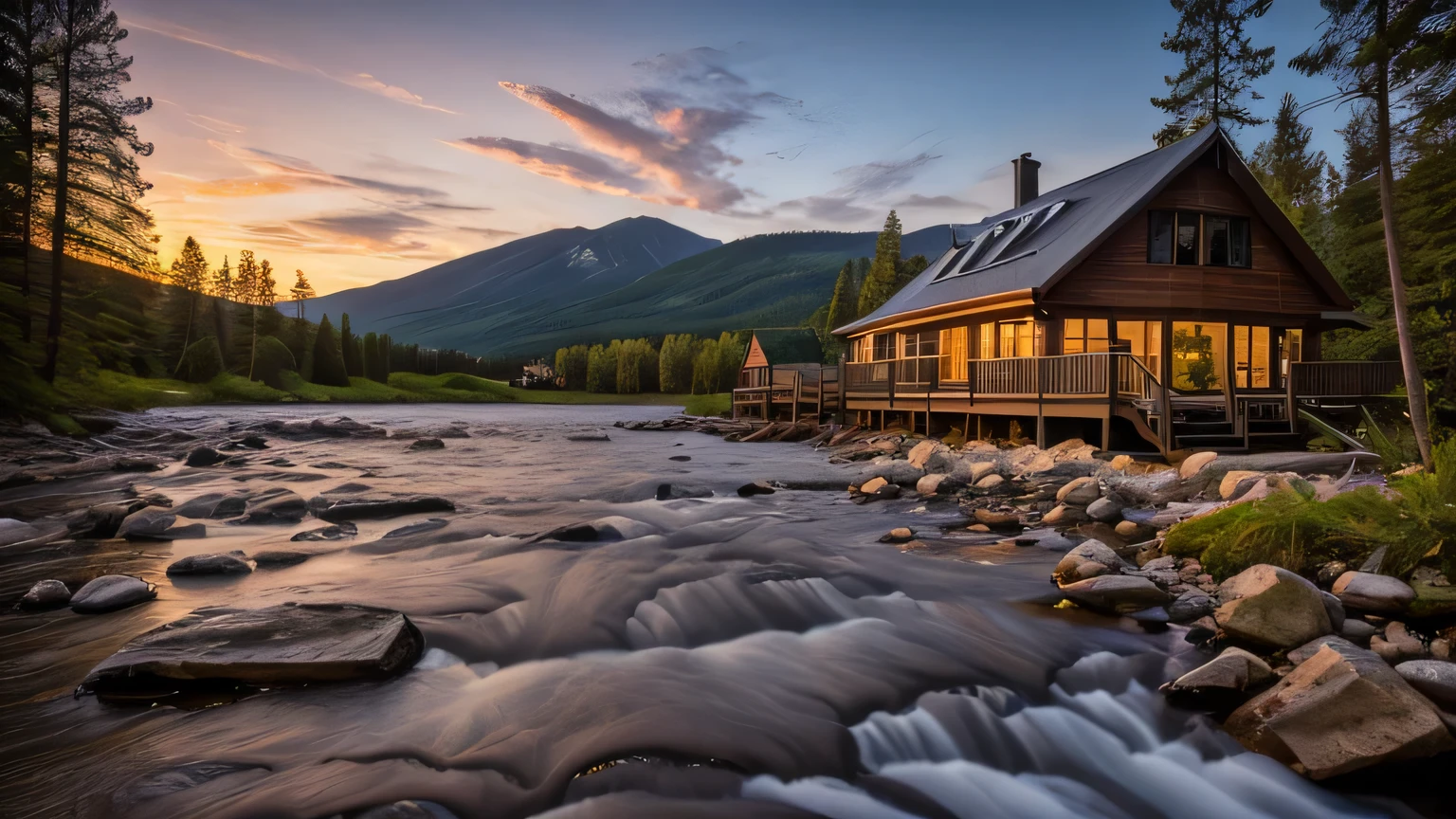 Cottage forest river Sunset