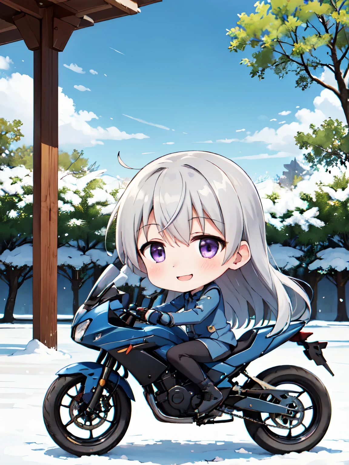 blue sky,Eila,　Inside the park covered in snow、Eira,(Purple eyes:1.1),Long Hair,Run、rebellion、run、I ride a motorcycle,　Uniform hair color、((Chibi Character:1.2))、Cute Smile、Chibi Character、Ezvian everywhere、Long Hair、(Chibi Character:1.2)、highest quality、