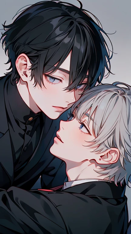 (Mastepiece), (Best Quality),Gazing at each other、 Very detailed, ((Two men intimate:1.5)), Perfect Face, Beautiful Face, Very detailedな顔,(Black-haired man:1.3),(Grey-haired man:1.3)、suit、(smile:1.2)