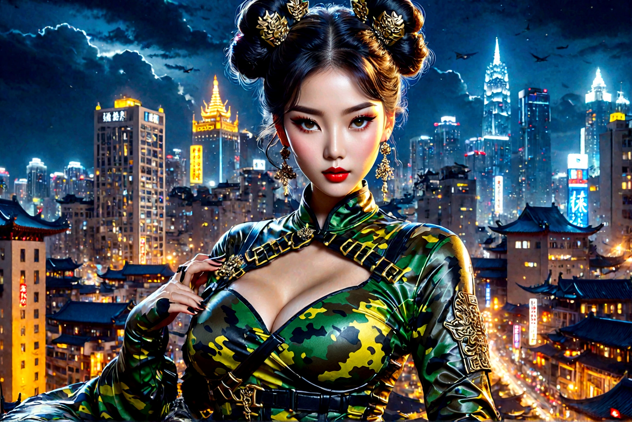 Beautiful Asian Woman、Large Breasts、Black hair slicked back and tied in two buns、（Night Camouflage）Latex bodysuit and(Nighttime camouflage make-up:1.4)、an assault rifleを手に持ち、On the roof of a high-rise building、Against the backdrop of the cityscape at night、Dark Background、Full body portrait、Master of Chinese calligraphy、immortal、(highest quality、4k、8k、High resolution、masterpiece:1.2)、Super detailed、(Real、Photorealistic、Photorealistic:1.37)、HDR、Studio Lighting、Extremely detailed、Vibrant colors、Cinematic lighting、new chinese style
