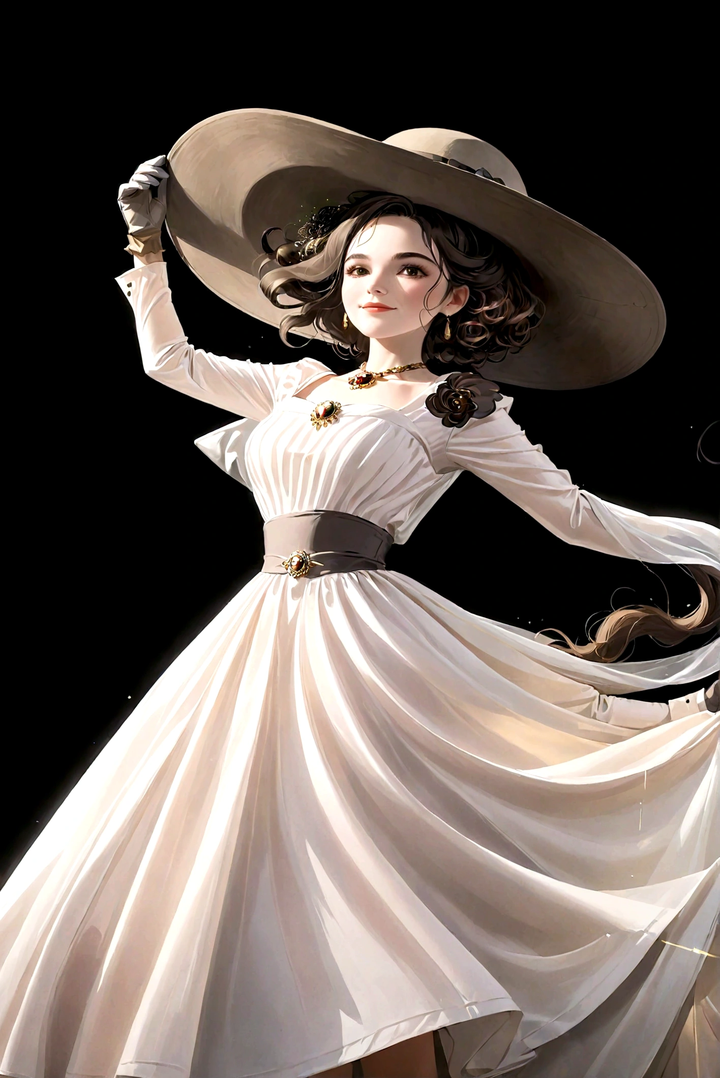 1 Girl,White Dress,Big gray hat,Grey gloves,Jewelry,solo,Simple background