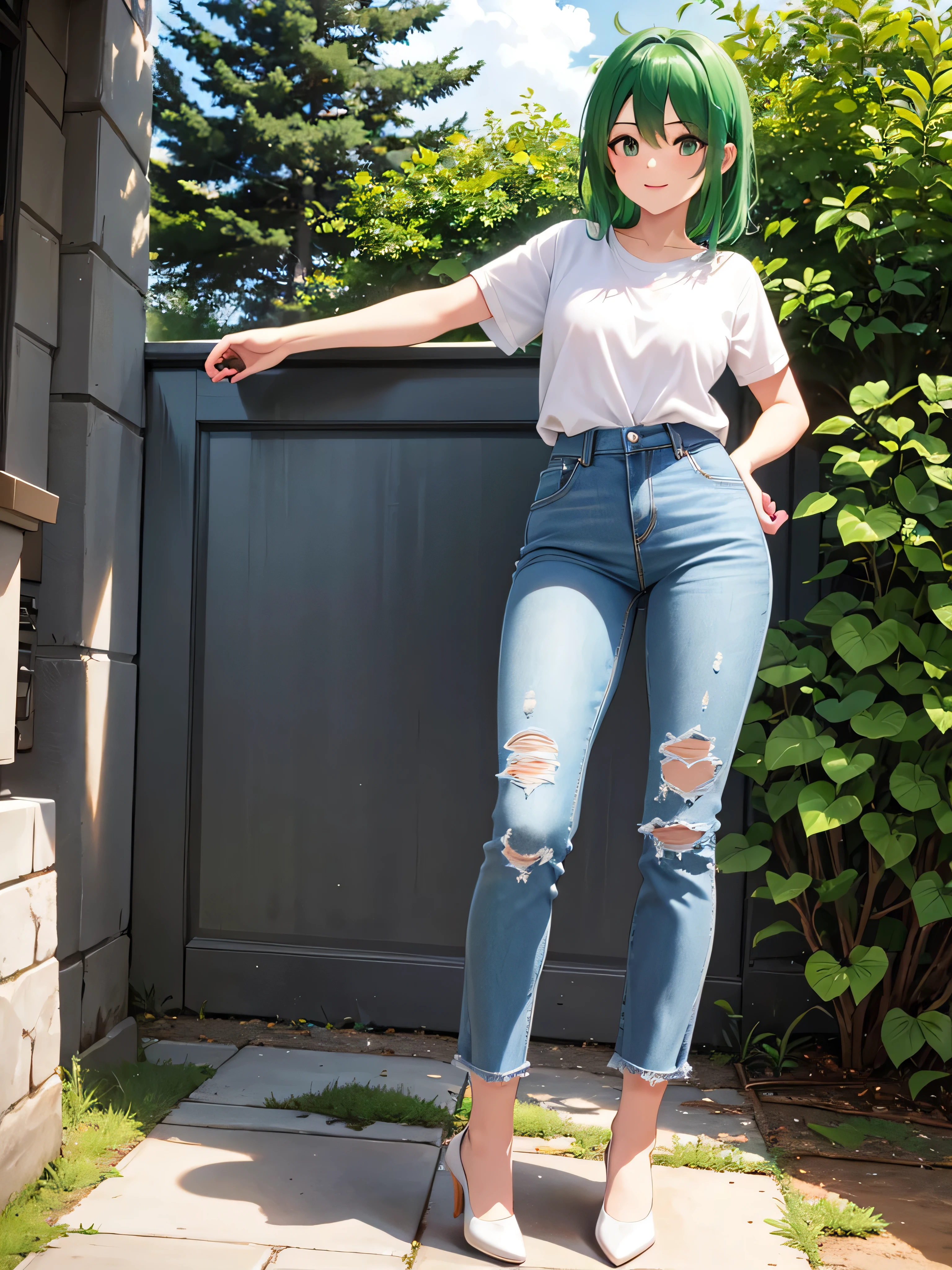 Kiriko, green hair, nude, full body, high heels, jeans, solo