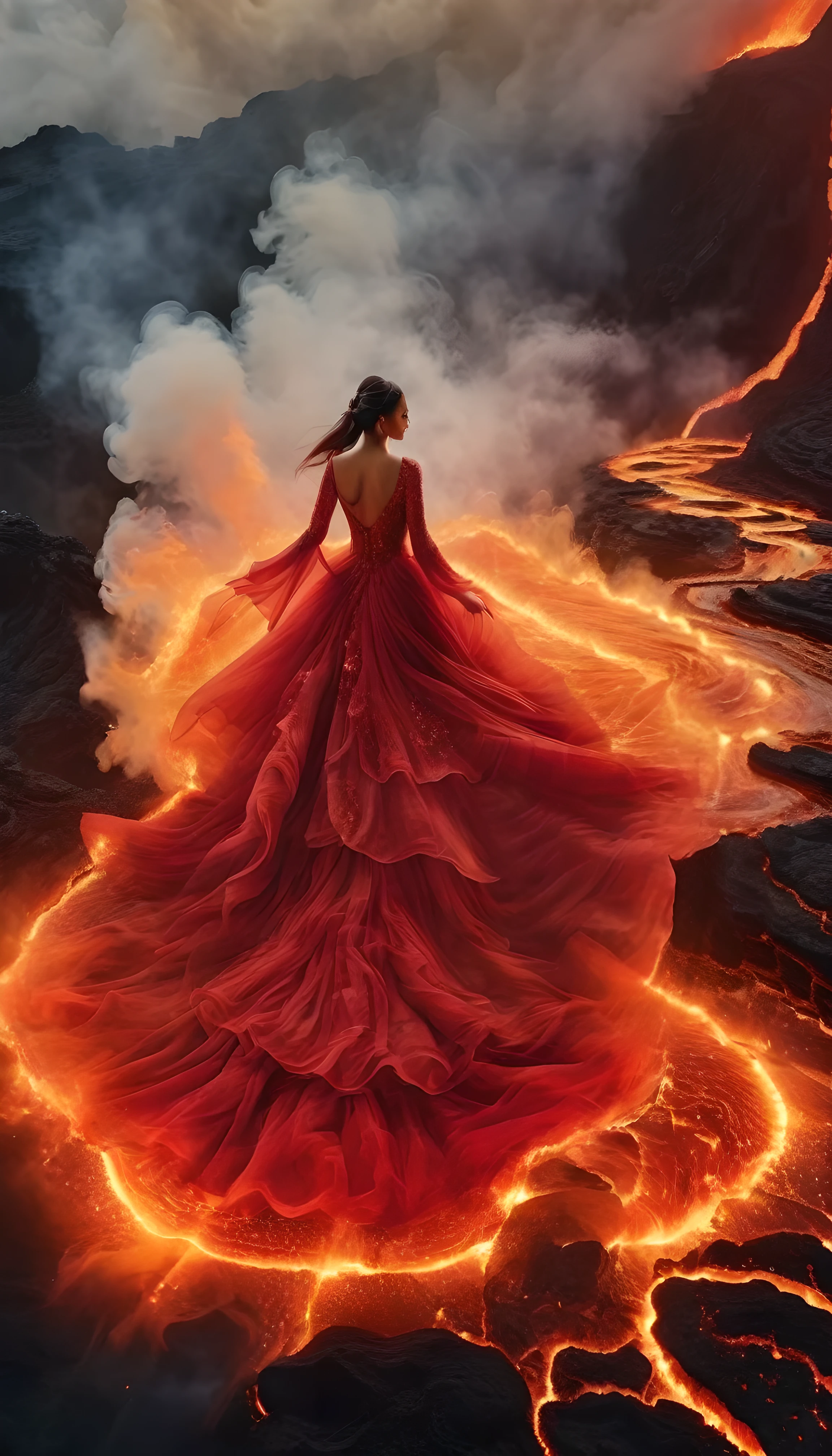 Realistic photo of a beautiful woman in a dramatically over flown long and flowing red bridal gown, little fireballs falling from the sky, meteor shower, walks on the surface of the hot flaming lava, lava bubble and steams, hazy, heat blur, dark cloudy sky
