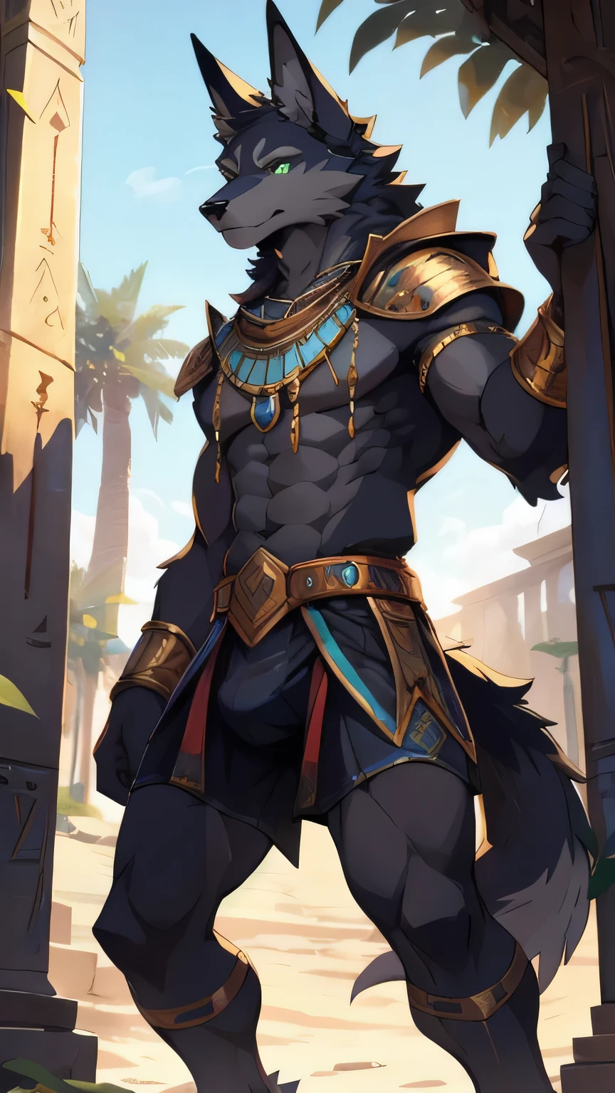 ((Anubis)),(grim Reaper),Pharaoh element artwork,cold,high quality,(((whole body))),Furry wolf,(teenagerfurry),Wolf Tribe,teenager,Jackal,Gold Neck Armor,Gold Bracelet,Brown skin,(Green pupils) ,Thin ears,Long ears,Pointed ears,Cyan outer ear,(Thick body),((Thin waist)),Pectoralis major,((Long legs)),Bigfoot,Thick wolf tail,Mature face,Exquisite eyes,,delicate eyes,Detailed body,Detailed legs,(Perfect hands),(Perfect feet),high resolution,No shirt,No underwear,Ribbon,((Crotch bulge)),(((Mausoleum Background))),(daytime),(Look directly at the camera),(Fighting Stance),Kenket's Art