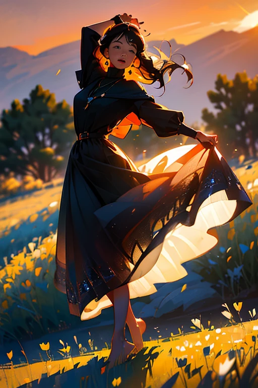 (wide-angle image of a BEAUTIFUL COWGIRL girl in the field At sunset), high detail, (dancing happily outdoors with long black dress and long hair blowing in the wind), sunset scene, details of sunlight illuminating the girl, she seems to be dancing free ballet in the vastness of the field, stunning, highly detailed, 8k, ornate, intricate, cinematic, clear, dancing outdoors, trails, sun shining, hair blowing in the wind, live action, reality, realistic description, (girl in black sweater dress), standing figure, barefoot, hair blowig in the wind, shoulder-length hair, large a beautiful happy theme, vivid imagery and light, cheerful tones