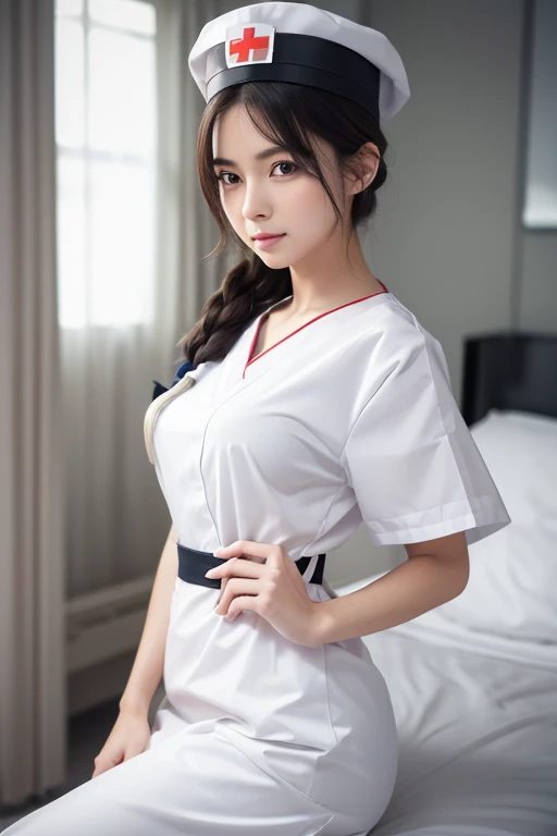 1 girl,(Wearing white nurse clothes:1.2),(RAW Photos, highest quality), (Realistic, photo-Realistic:1.4), masterpiece, Very delicate and beautiful, Very detailed, 2k wallpaper, wonderful, finely, Very detailed CG unity 8k wallpaper, Very detailed, High resolution, Soft Light, Beautiful detailed girl, Very detailed eyes and face, Beautiful and detailed nose, finely beautiful eyes, Perfect Anatomy, Black Hair, Upstyle, nurse uniform, ((nurse cap)), Long skirt, nurse, White costume, thin, hospital, clear, White Uniform, hospital room, Neck auscultation, ((Upper Body))